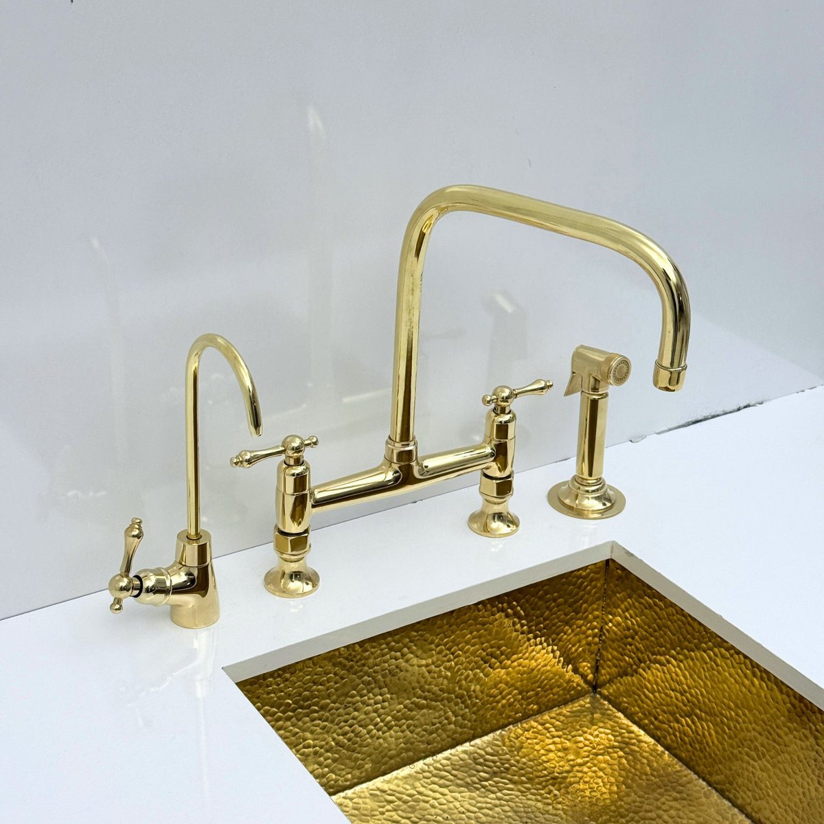 Unlacquered Brass Bridge Kitchen Faucet with Sprayer and Drinking Water Tap - UBLBF016