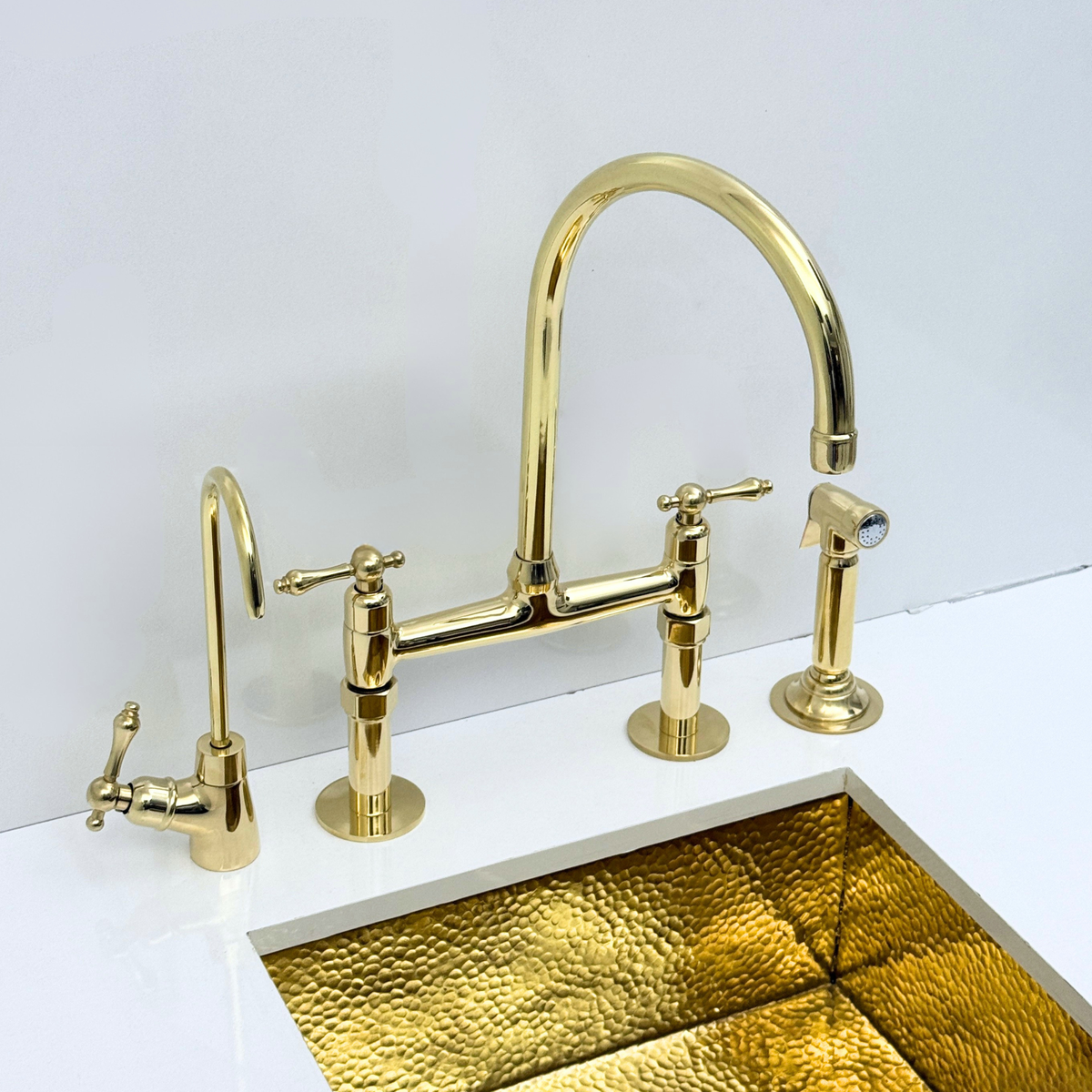 Unlacquered Brass Bridge Kitchen Faucet with Sprayer and Drinking Water Faucet