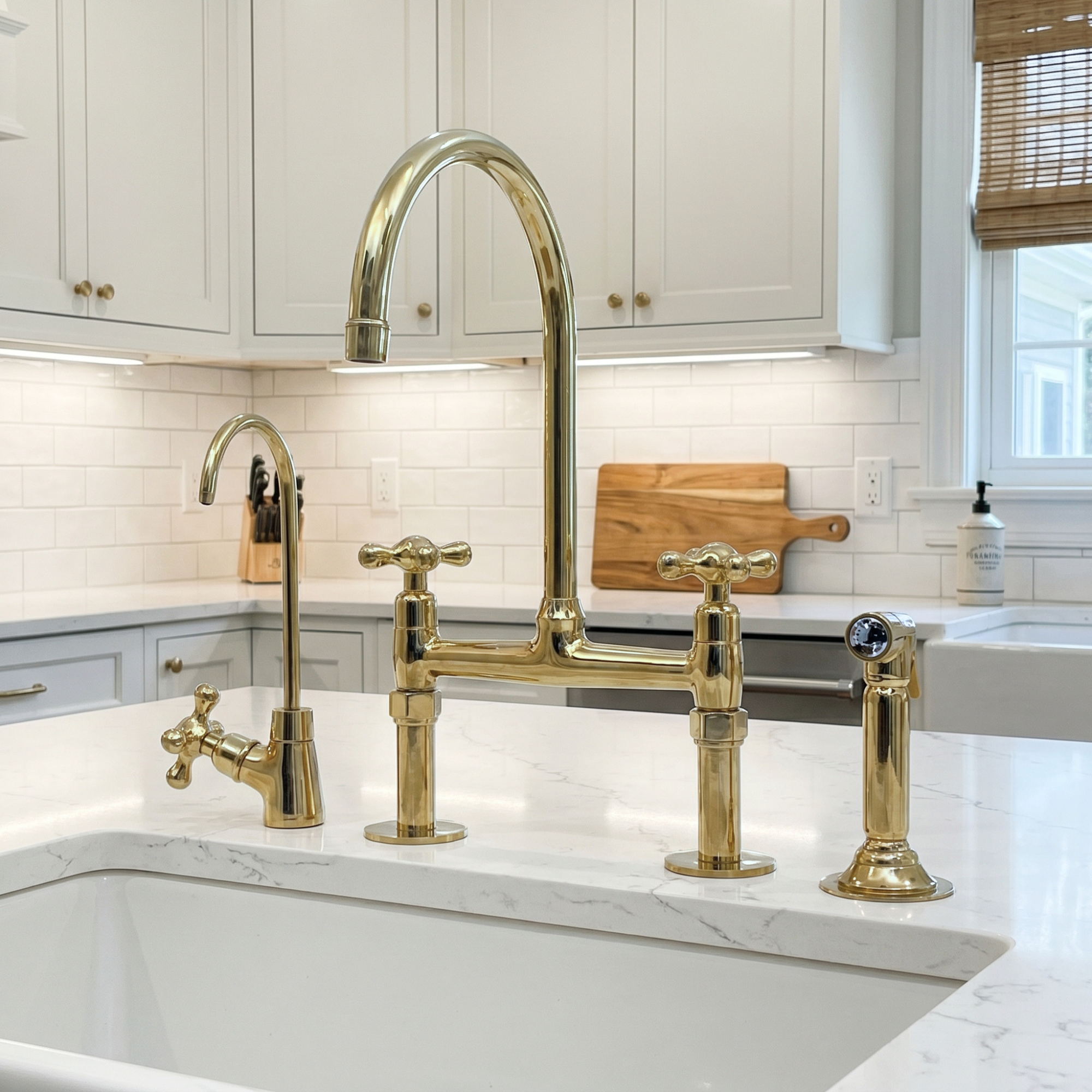 Unlacquered Brass Bridge Kitchen Faucet with Sprayer and Drinking Water Tap