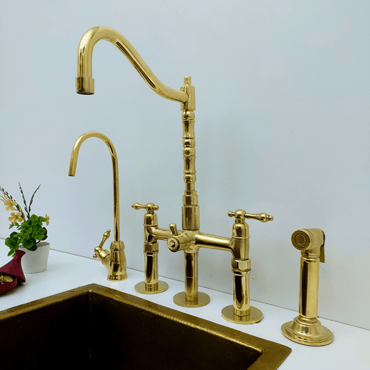 Unlacquered Brass Bridge Faucet with Sprayer and Cold Water Faucet, Brass Kitchen Faucet With Lever Handles - Ref: FA068-LCL