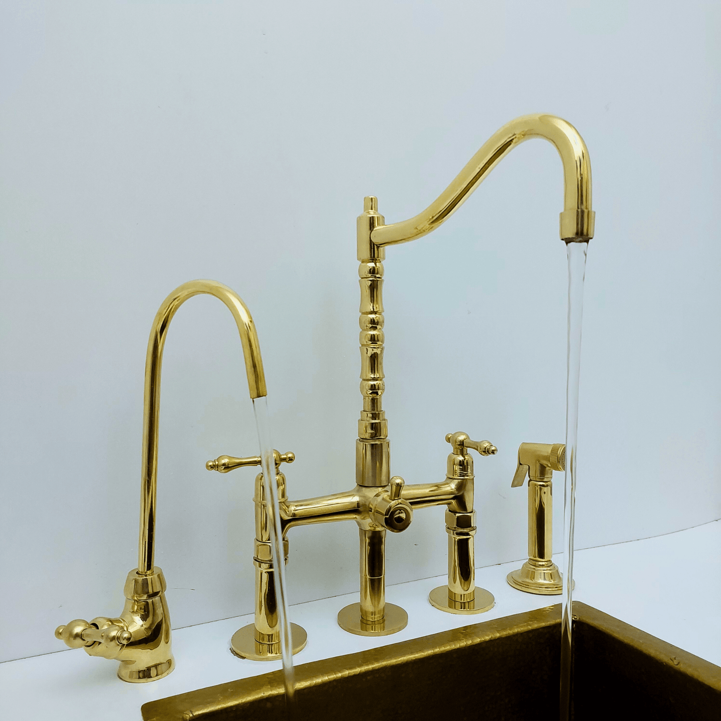 Unlacquered Brass Bridge Faucet with Sprayer and Cold Water Faucet, Brass Kitchen Faucet With Lever Handles - Ref: FA068-LCL