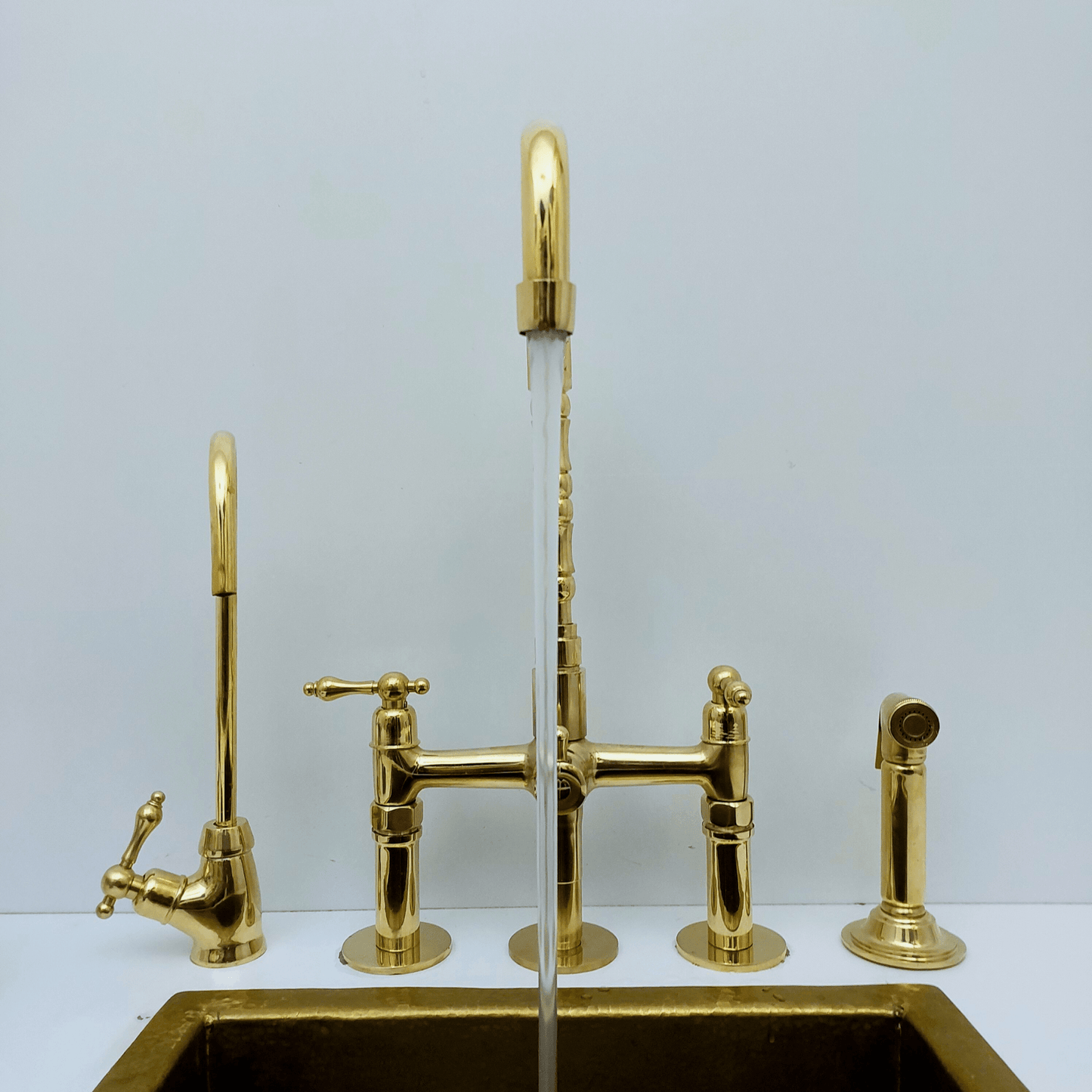 Unlacquered Brass Bridge Faucet with Sprayer and Cold Water Faucet, Brass Kitchen Faucet With Lever Handles - Ref: FA068-LCL