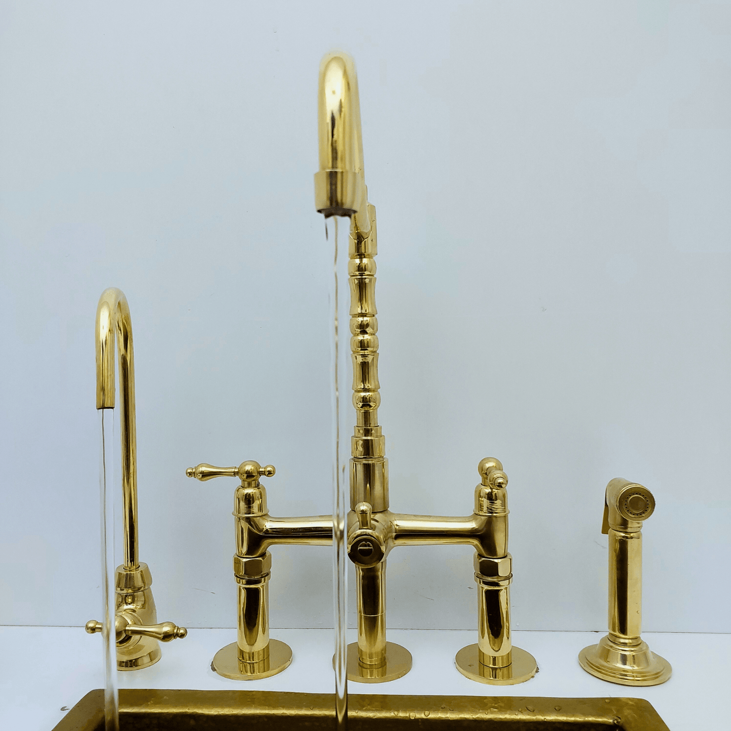 Unlacquered Brass Bridge Faucet with Sprayer and Cold Water Faucet, Brass Kitchen Faucet With Lever Handles - Ref: FA068-LCL