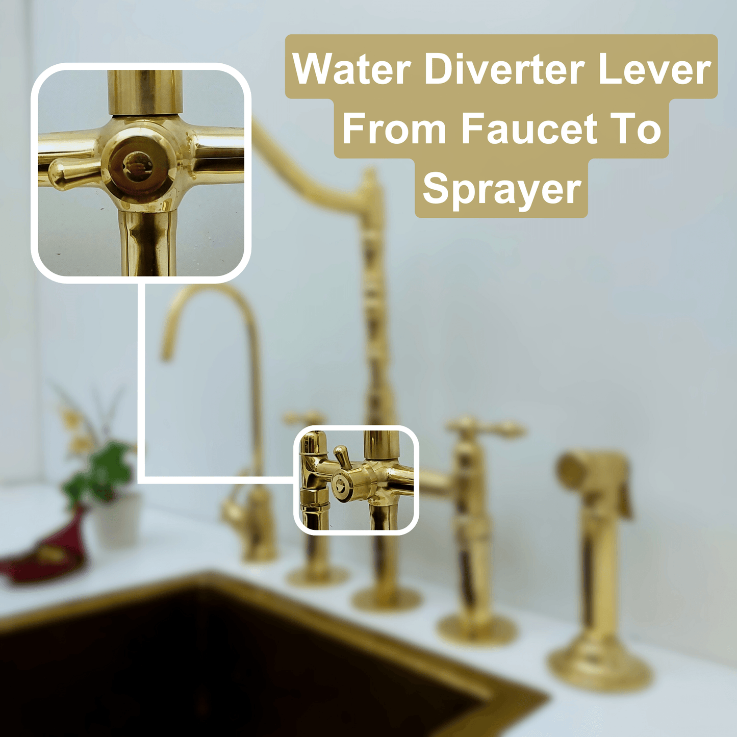 Unlacquered Brass Bridge Faucet with Sprayer and Cold Water Faucet, Brass Kitchen Faucet With Lever Handles - Ref: FA068-LCL