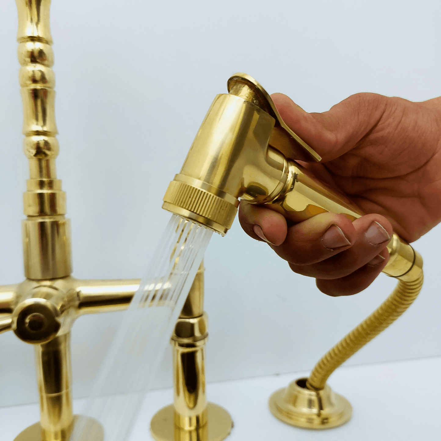 Unlacquered Brass Bridge Faucet with Sprayer and Cold Water Faucet, Brass Kitchen Faucet With Lever Handles - Ref: FA068-LCL