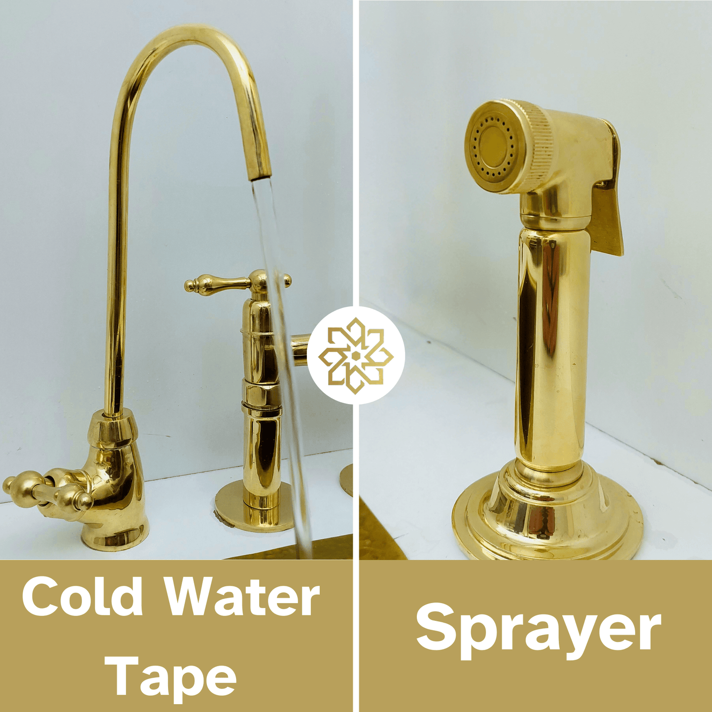 Unlacquered Brass Bridge Faucet with Sprayer and Cold Water Faucet, Brass Kitchen Faucet With Lever Handles - Ref: FA068-LCL