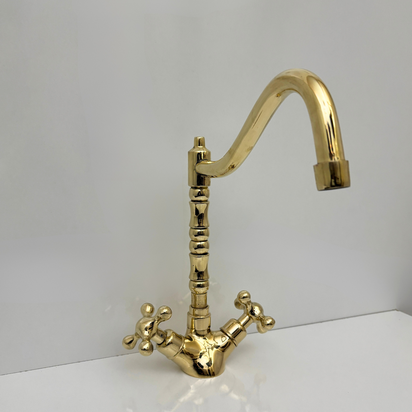 Unlacquered Brass Gooseneck Faucet with double Cross Handles, Solid Brass Kitchen Faucet - Ref: UBFDH1C