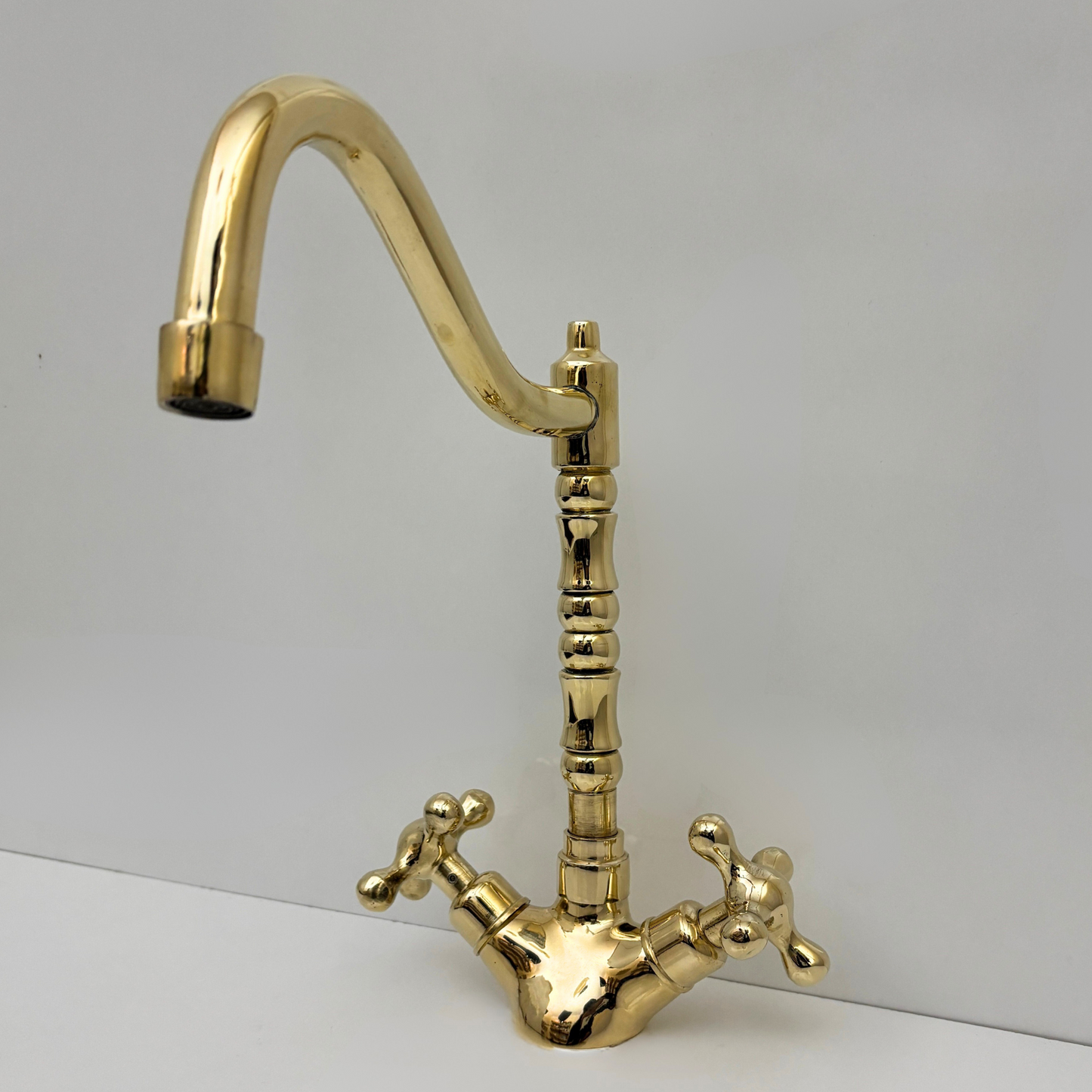 Unlacquered Brass Gooseneck Faucet with double Cross Handles, Solid Brass Kitchen Faucet - Ref: UBFDH1C