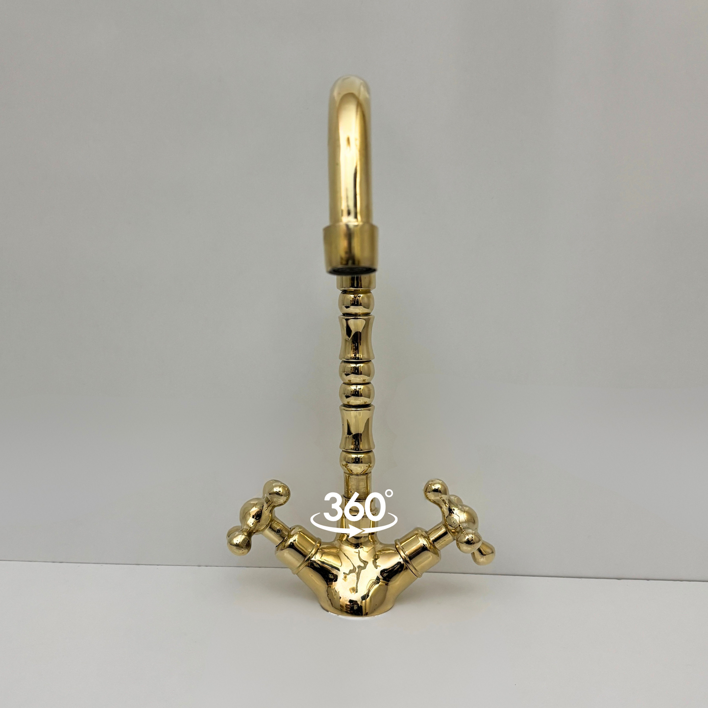 Unlacquered Brass Gooseneck Faucet with double Cross Handles, Solid Brass Kitchen Faucet - Ref: UBFDH1C