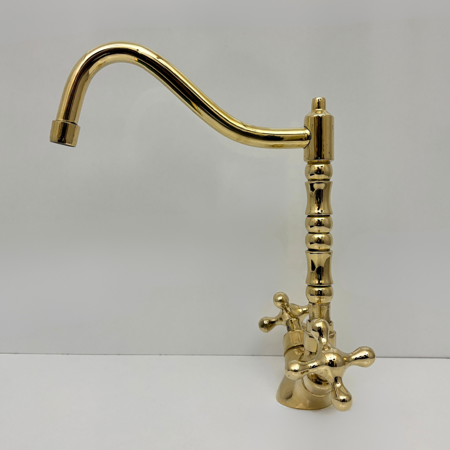 Unlacquered Brass Gooseneck Faucet with double Cross Handles, Solid Brass Kitchen Faucet - Ref: UBFDH1C