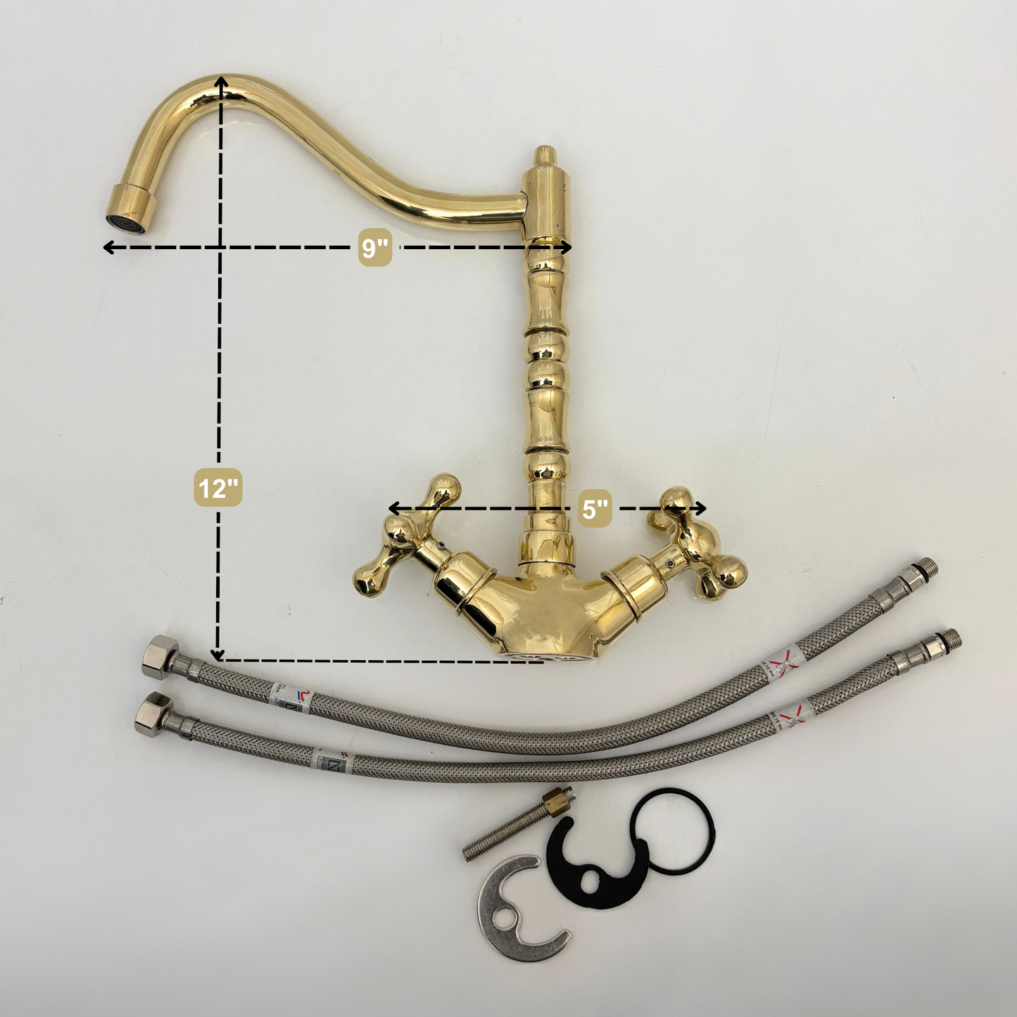 Unlacquered Brass Gooseneck Faucet with double Cross Handles, Solid Brass Kitchen Faucet - Ref: UBFDH1C