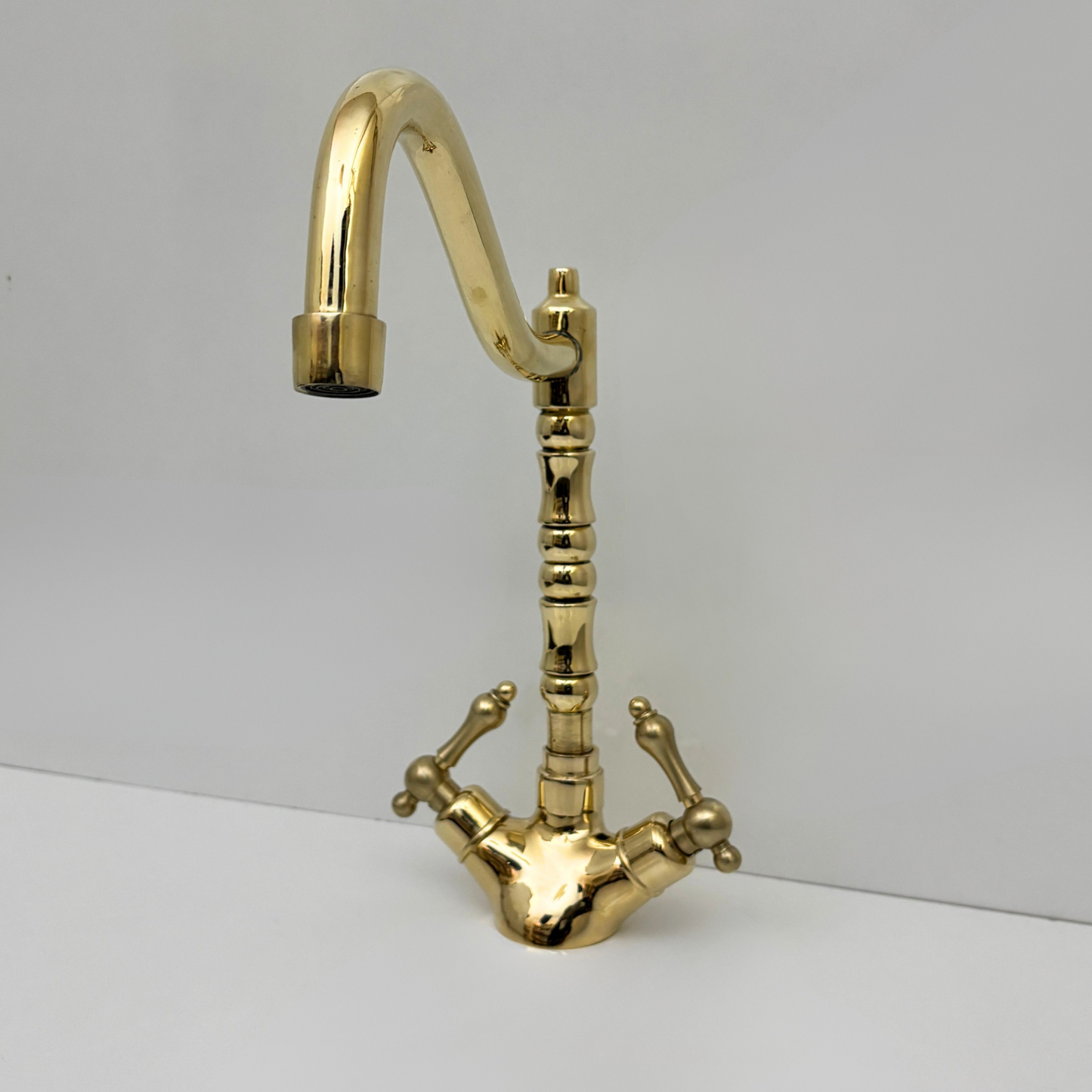 Unlacquered Brass Gooseneck Faucet with double Lever Handles, Solid Brass Kitchen Faucet - Ref: UBFDH1L