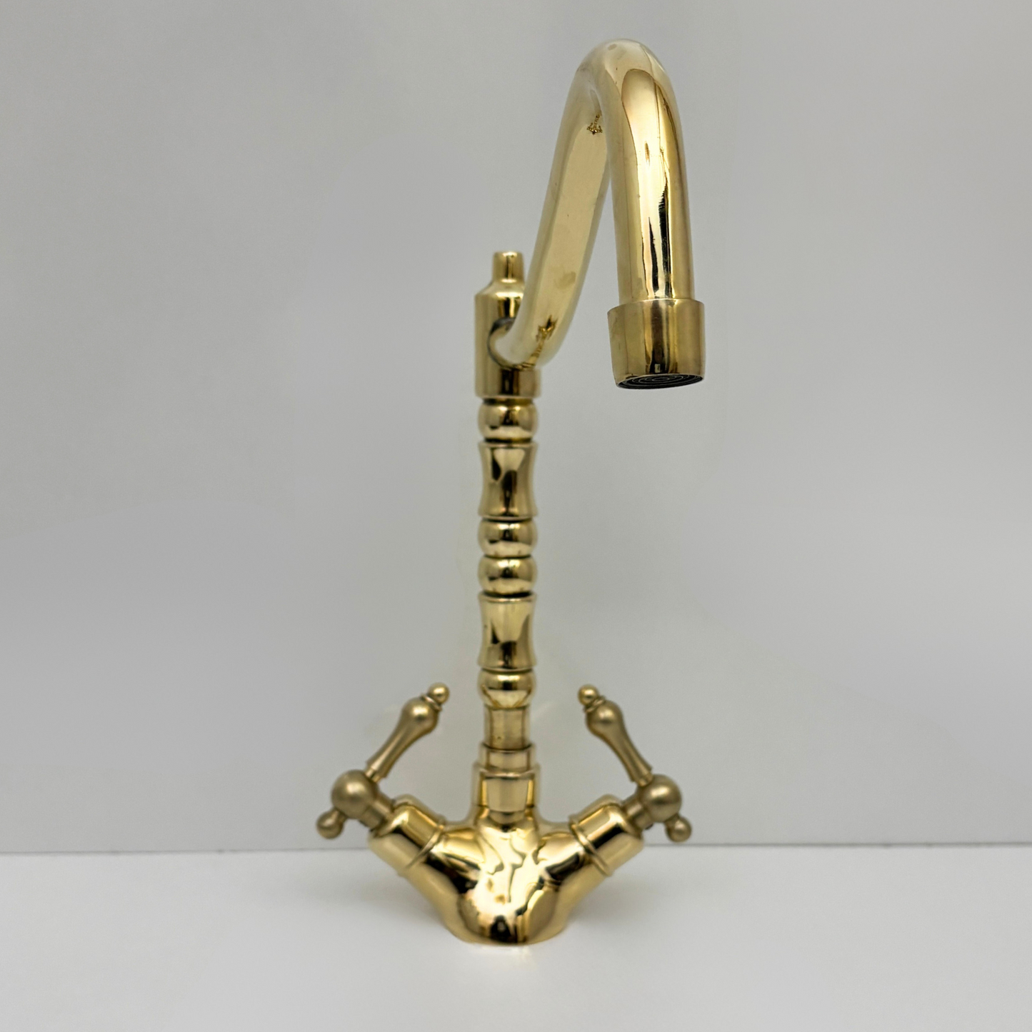 Unlacquered Brass Gooseneck Faucet with double Lever Handles, Solid Brass Kitchen Faucet - Ref: UBFDH1L