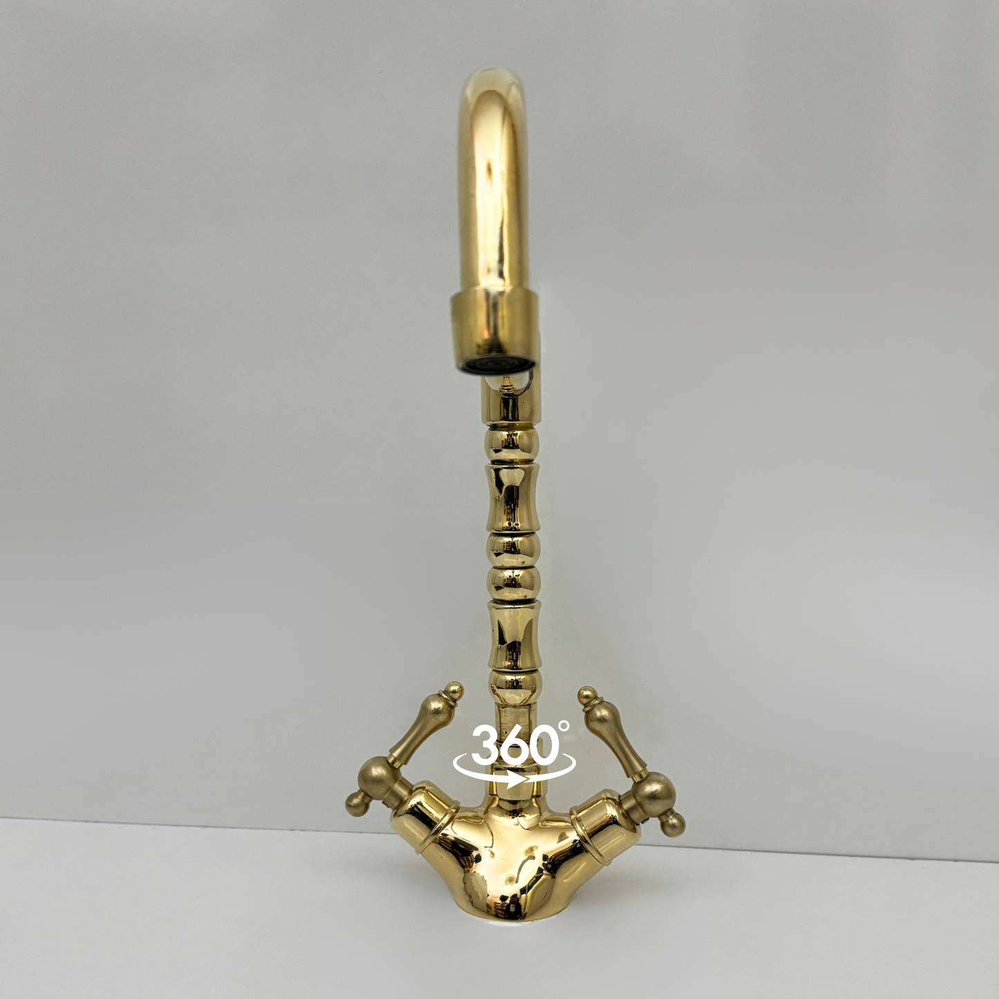 Unlacquered Brass Gooseneck Faucet with double Lever Handles, Solid Brass Kitchen Faucet - Ref: UBFDH1L