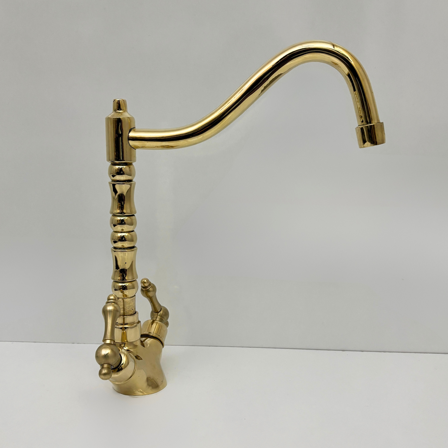 Unlacquered Brass Gooseneck Faucet with double Lever Handles, Solid Brass Kitchen Faucet - Ref: UBFDH1L