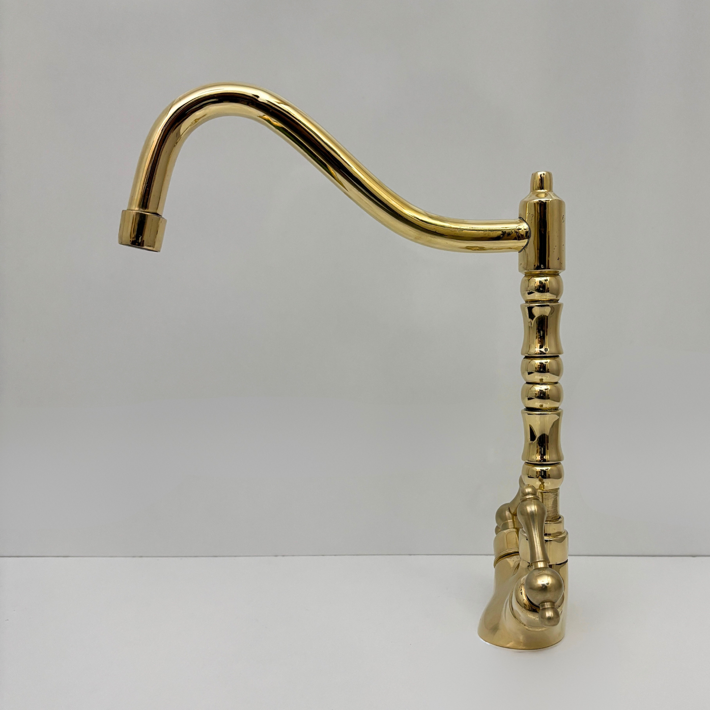 Unlacquered Brass Gooseneck Faucet with double Lever Handles, Solid Brass Kitchen Faucet - Ref: UBFDH1L