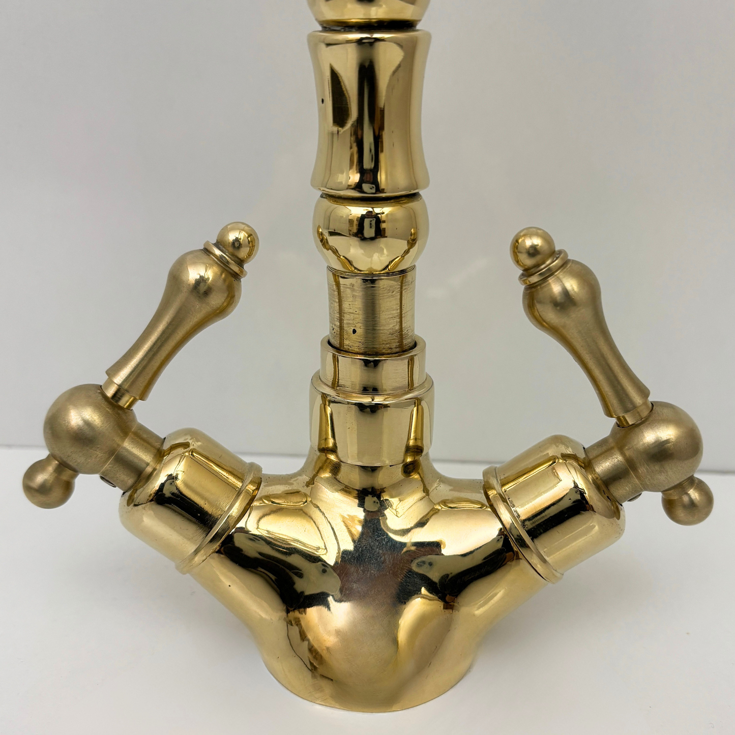 Unlacquered Brass Gooseneck Faucet with double Lever Handles, Solid Brass Kitchen Faucet - Ref: UBFDH1L