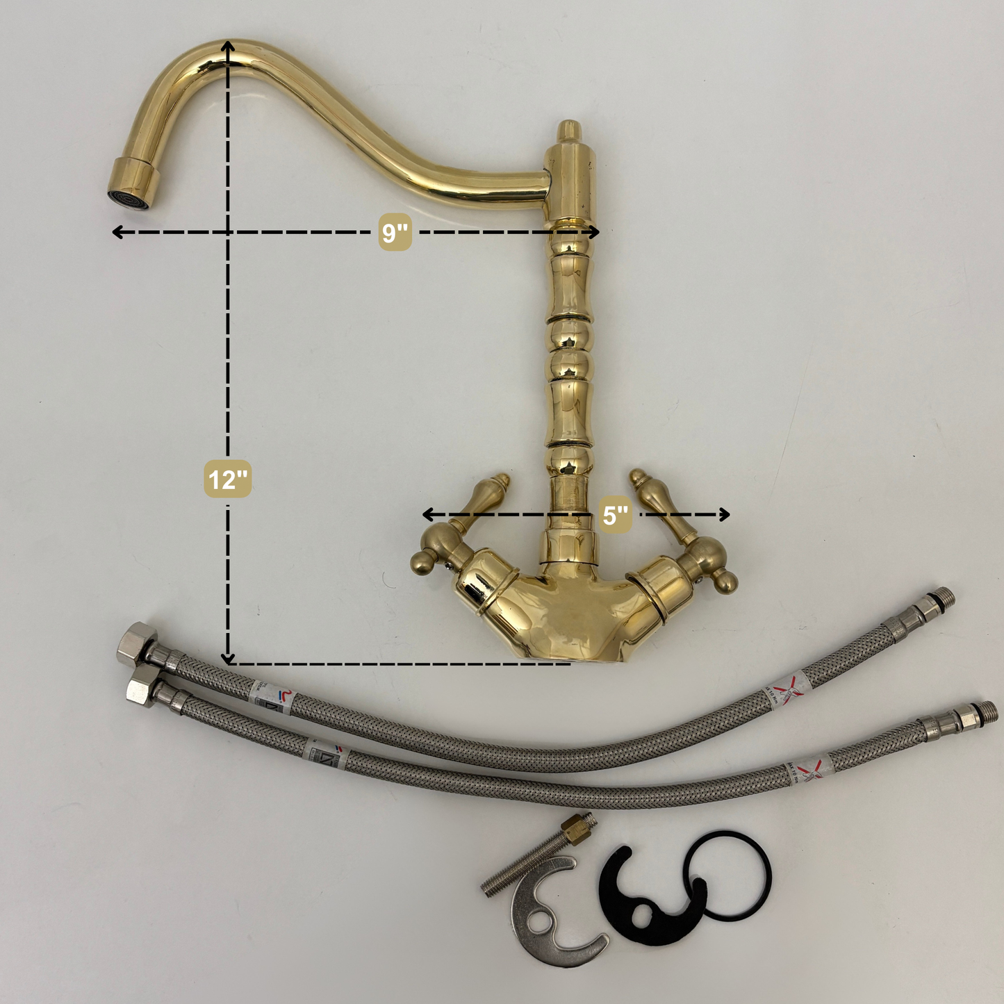 Unlacquered Brass Gooseneck Faucet with double Lever Handles, Solid Brass Kitchen Faucet - Ref: UBFDH1L