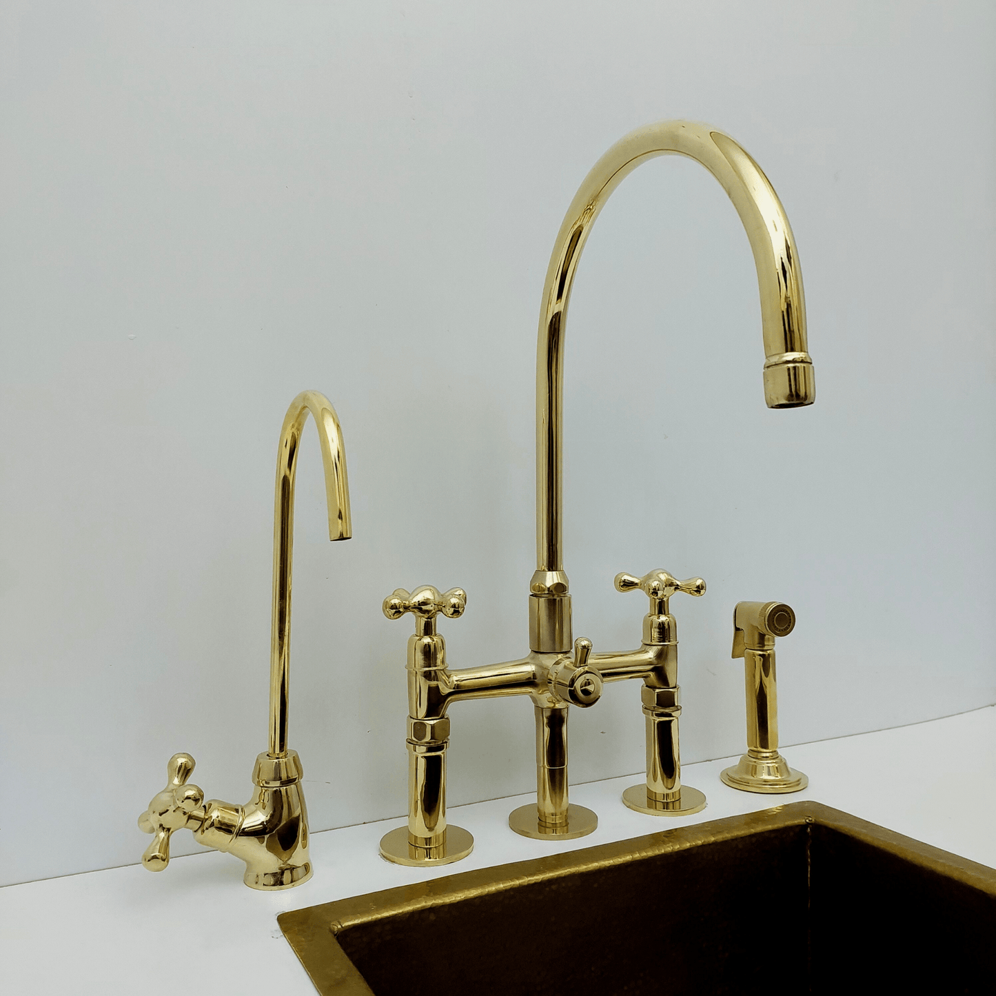 Unlacquered Brass Kitchen Faucet with Sprayer and Cold Water Faucet, Brass Bridge Faucet With Cross Handles - Ref: FA068-LD