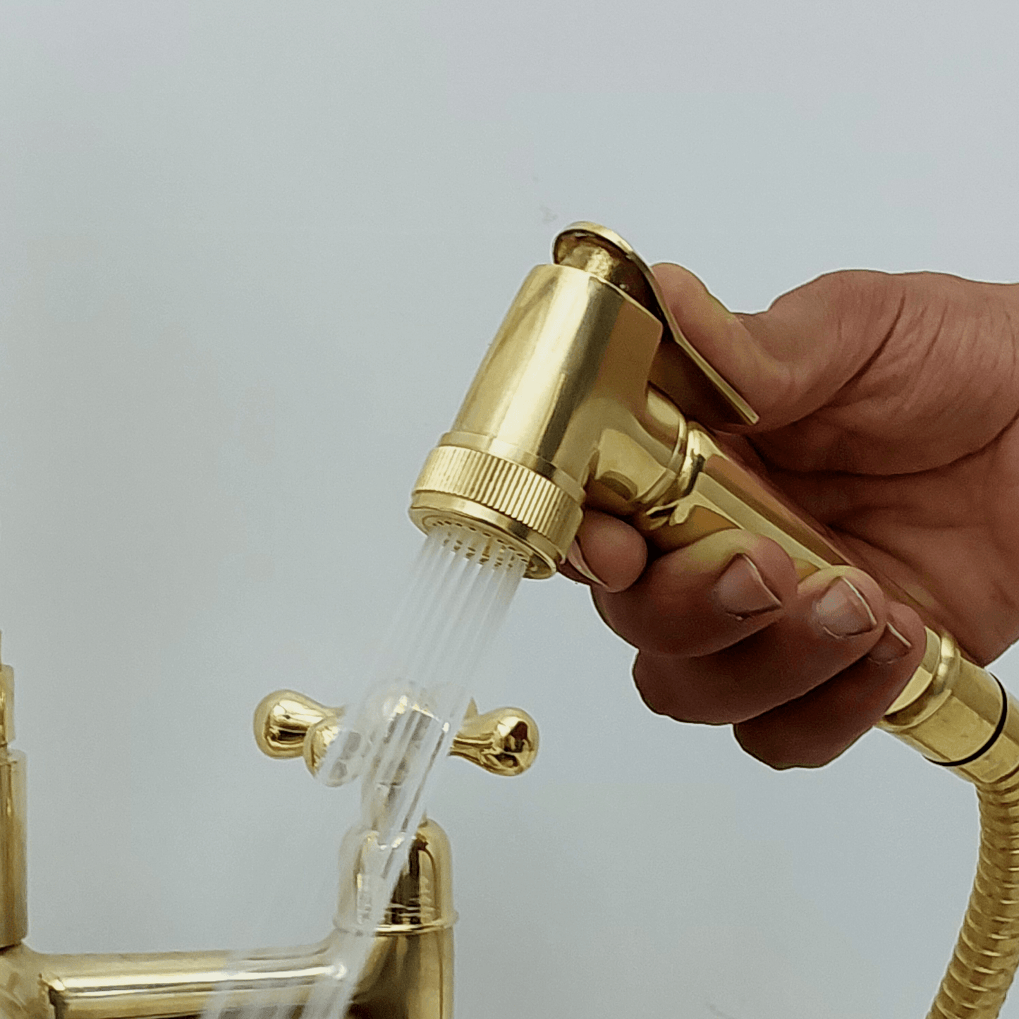Unlacquered Brass Kitchen Faucet with Sprayer and Cold Water Faucet, Brass Bridge Faucet With Cross Handles - Ref: FA068-LD