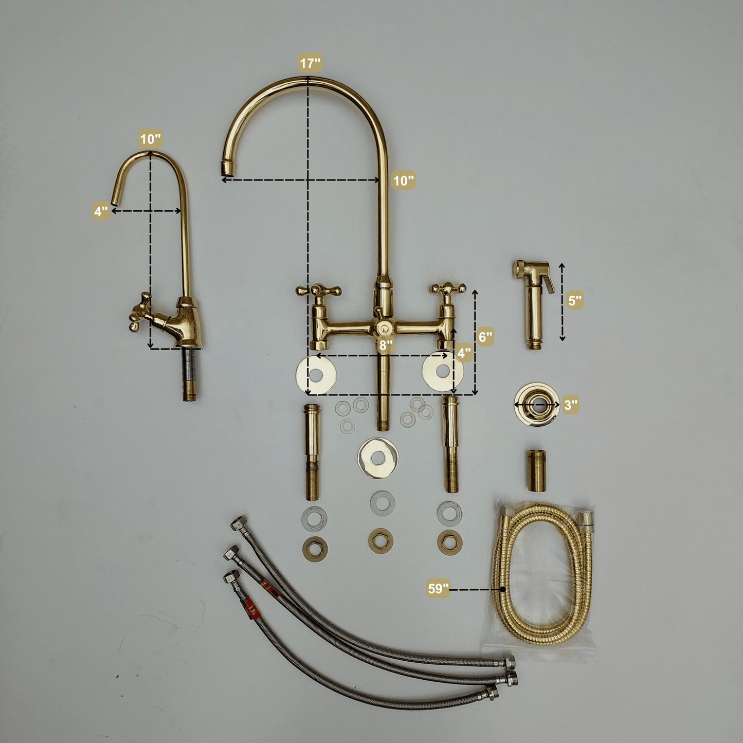 Unlacquered Brass Kitchen Faucet with Sprayer and Cold Water Faucet, Brass Bridge Faucet With Cross Handles - Ref: FA068-LD