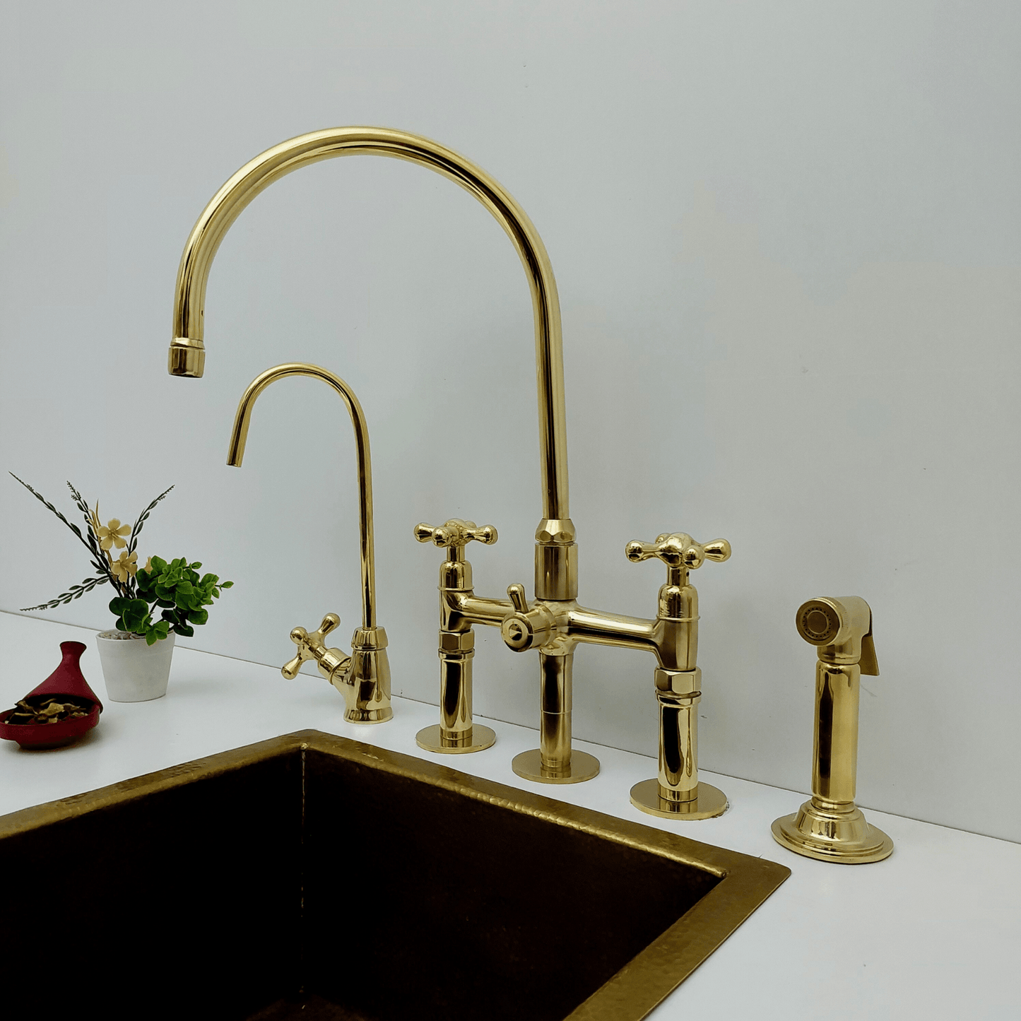 Unlacquered Brass Kitchen Faucet with Sprayer and Cold Water Faucet, Brass Bridge Faucet With Cross Handles - Ref: FA068-LD