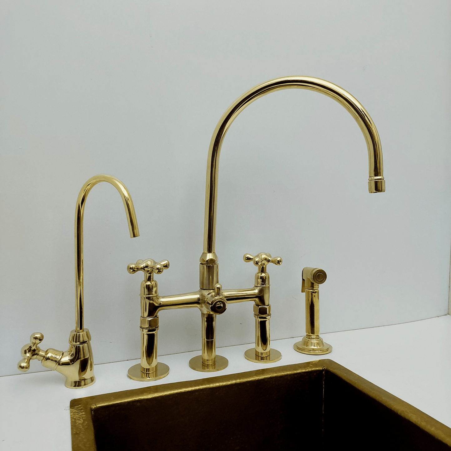Unlacquered Brass Kitchen Faucet with Sprayer and Cold Water Faucet, Brass Bridge Faucet With Cross Handles - Ref: FA068-LD