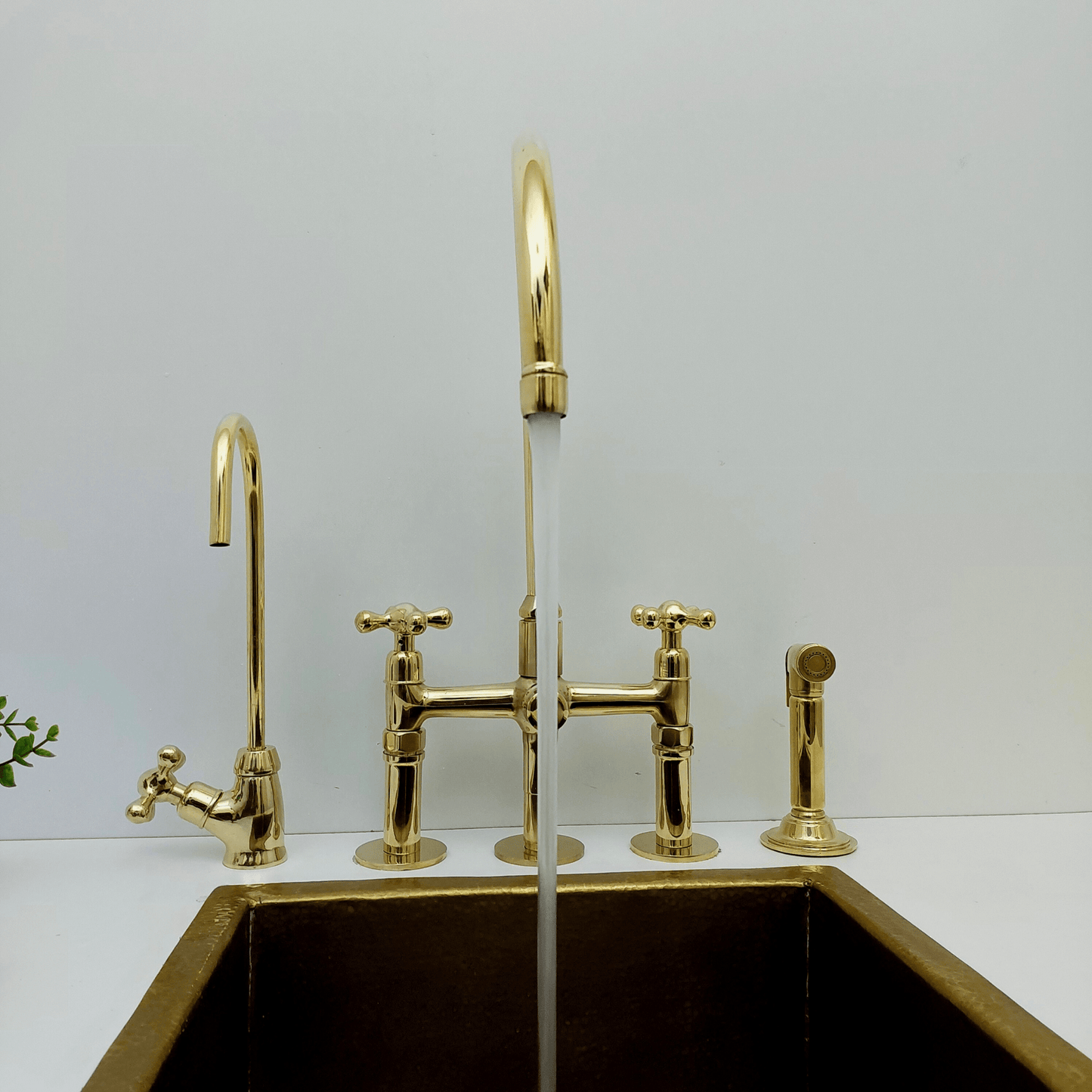 Unlacquered Brass Kitchen Faucet with Sprayer and Cold Water Faucet, Brass Bridge Faucet With Cross Handles - Ref: FA068-LD
