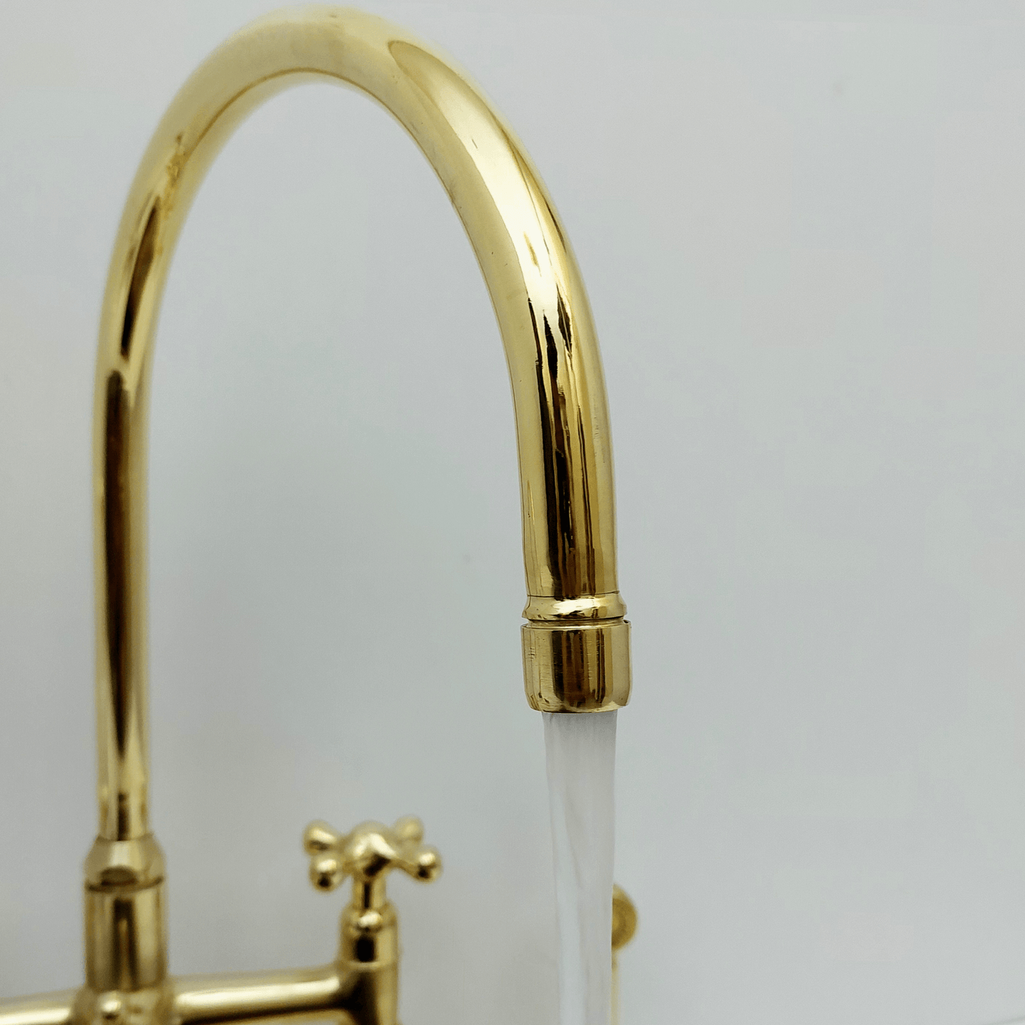 Unlacquered Brass Kitchen Faucet with Sprayer and Cold Water Faucet, Brass Bridge Faucet With Cross Handles - Ref: FA068-LD