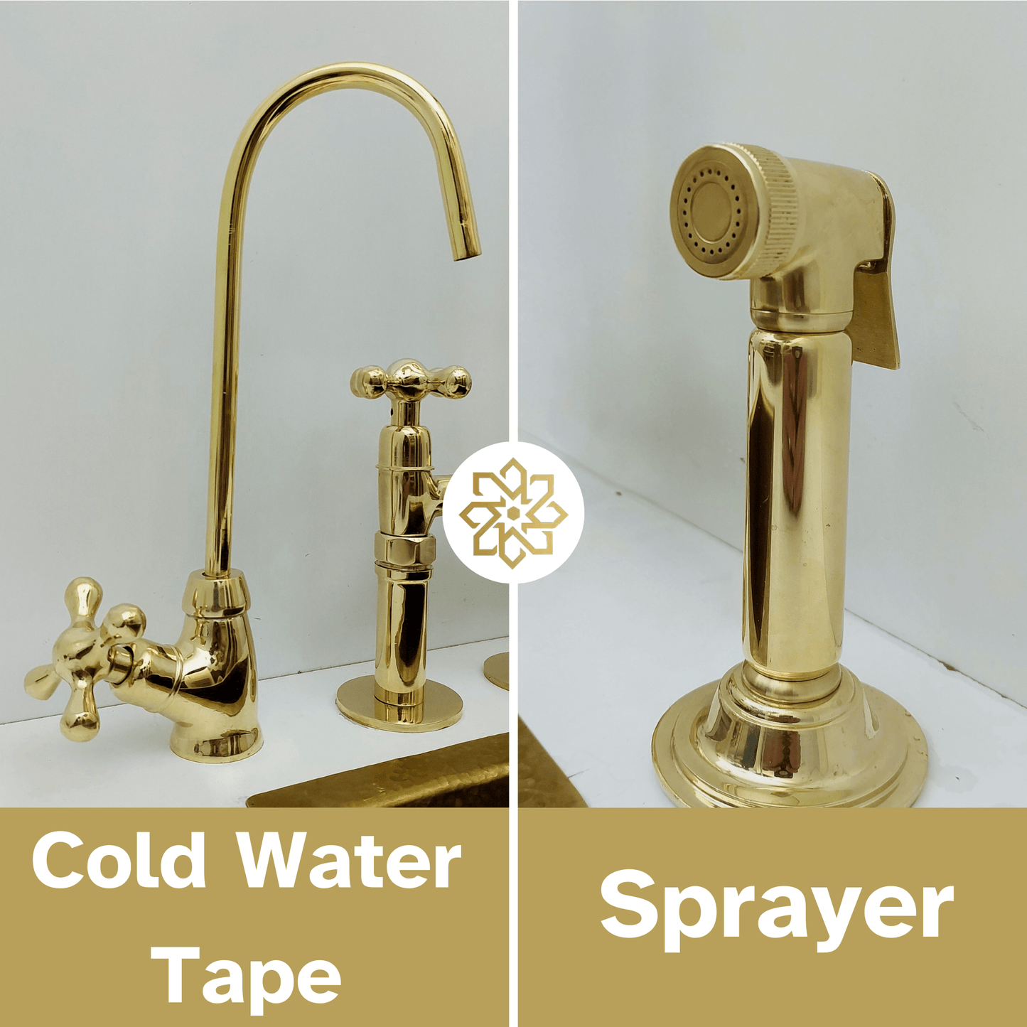 Unlacquered Brass Kitchen Faucet with Sprayer and Cold Water Faucet, Brass Bridge Faucet With Cross Handles - Ref: FA068-LD