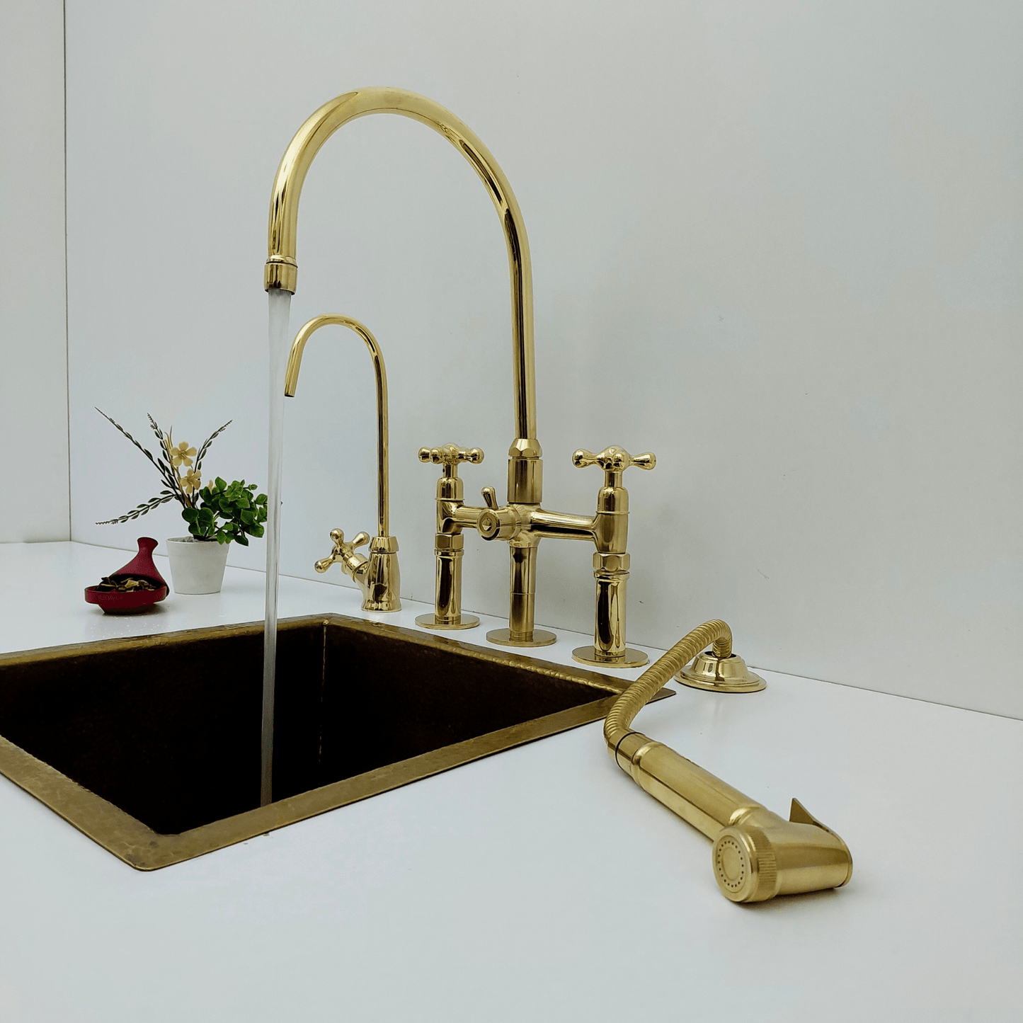 Unlacquered Brass Kitchen Faucet with Sprayer and Cold Water Faucet, Brass Bridge Faucet With Cross Handles - Ref: FA068-LD