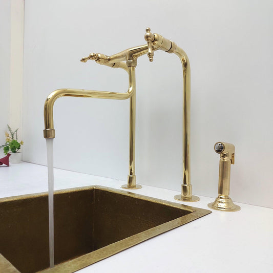 Unlacquered Brass Kitchen Faucet With Sprayer and Lever Handles - Ref: APL-2