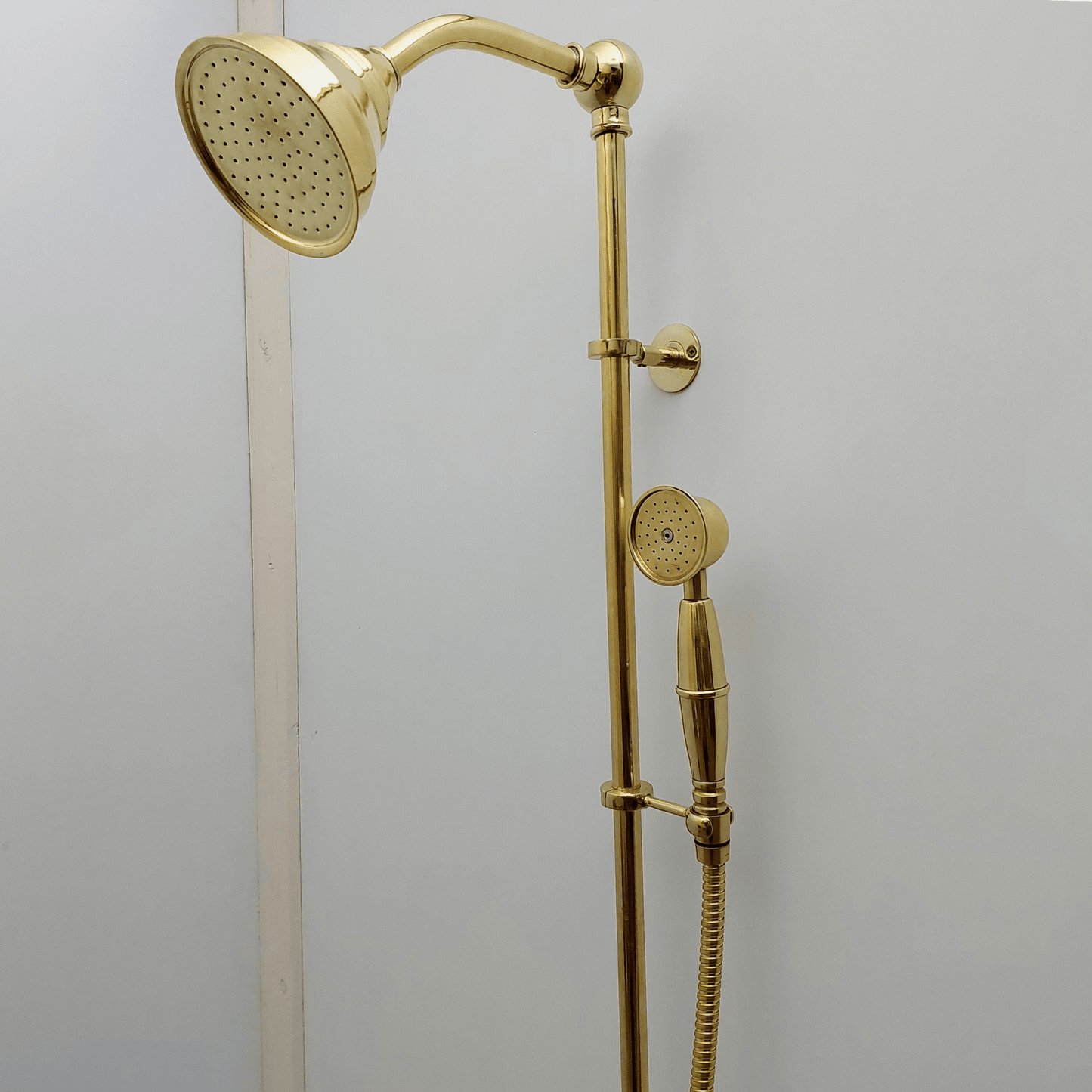 Unlacquered Brass Shower System with Handheld Shower Head and Round Shower Head - Ref: ATLASS45