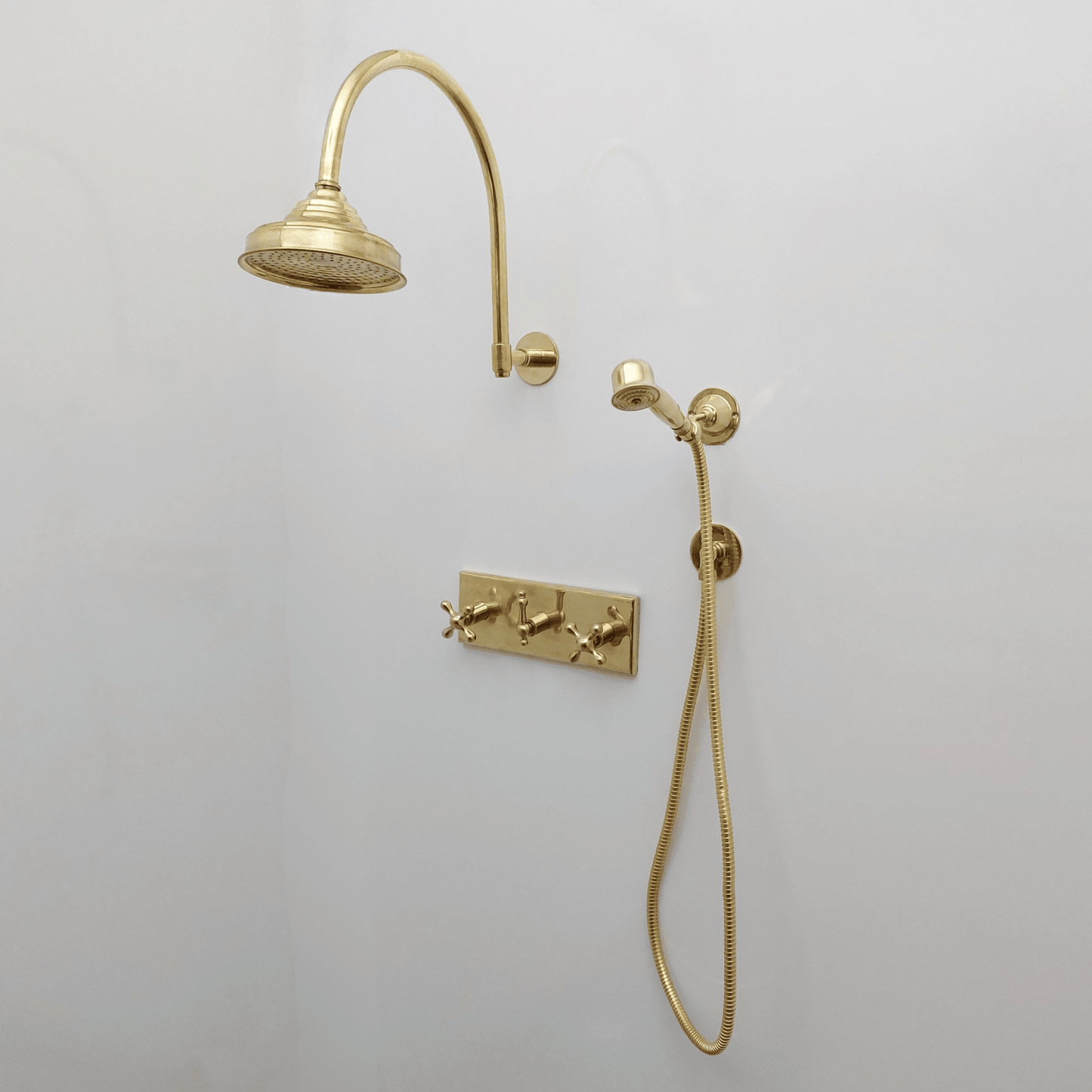 Unlacquered Brass Shower System with Central Brass Plaque and Cross Handles, Bridge Arm Round Rain Shower Head - Ref: SSPH-UBC