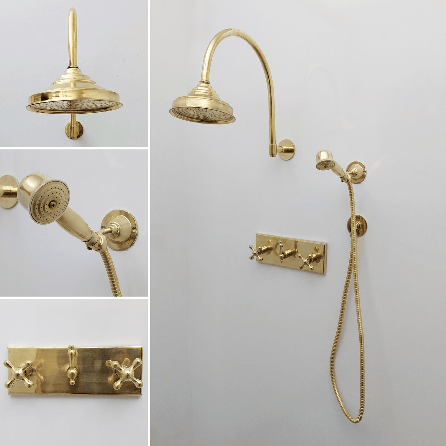 Unlacquered Brass Shower System with Central Brass Plaque and Cross Handles, Bridge Arm Round Rain Shower Head - Ref: SSPH-UBC
