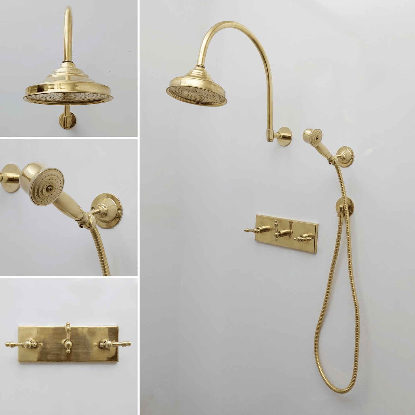 Unlacquered Brass Shower System with Central Brass Plaque and Lever Handles, Bridge Arm Round Rain Shower Head - Ref: SSPH-UBL