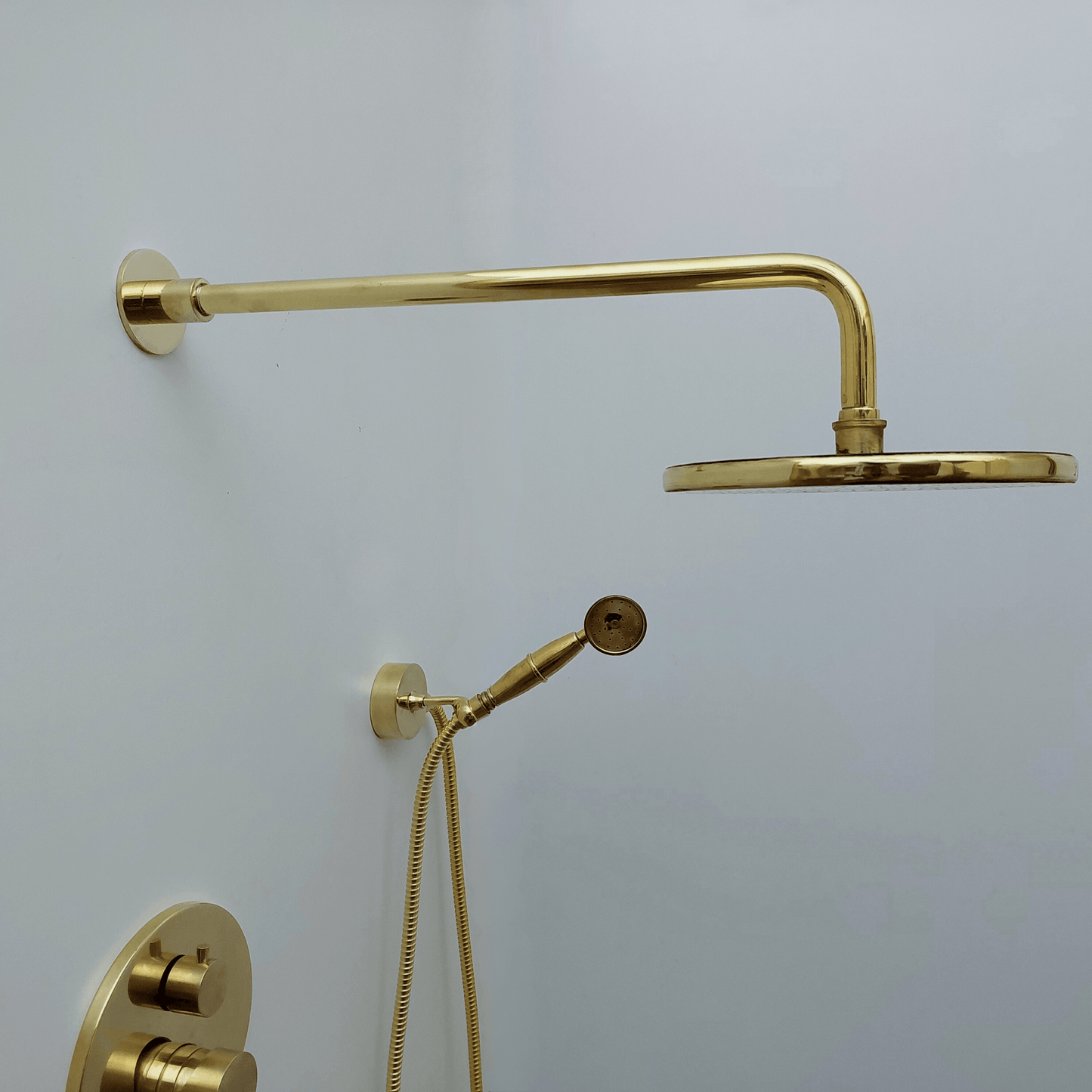 Unlacquered Brass Shower System with Handheld Shower Head and Round Rain Shower Head - Ref: ATLASS49
