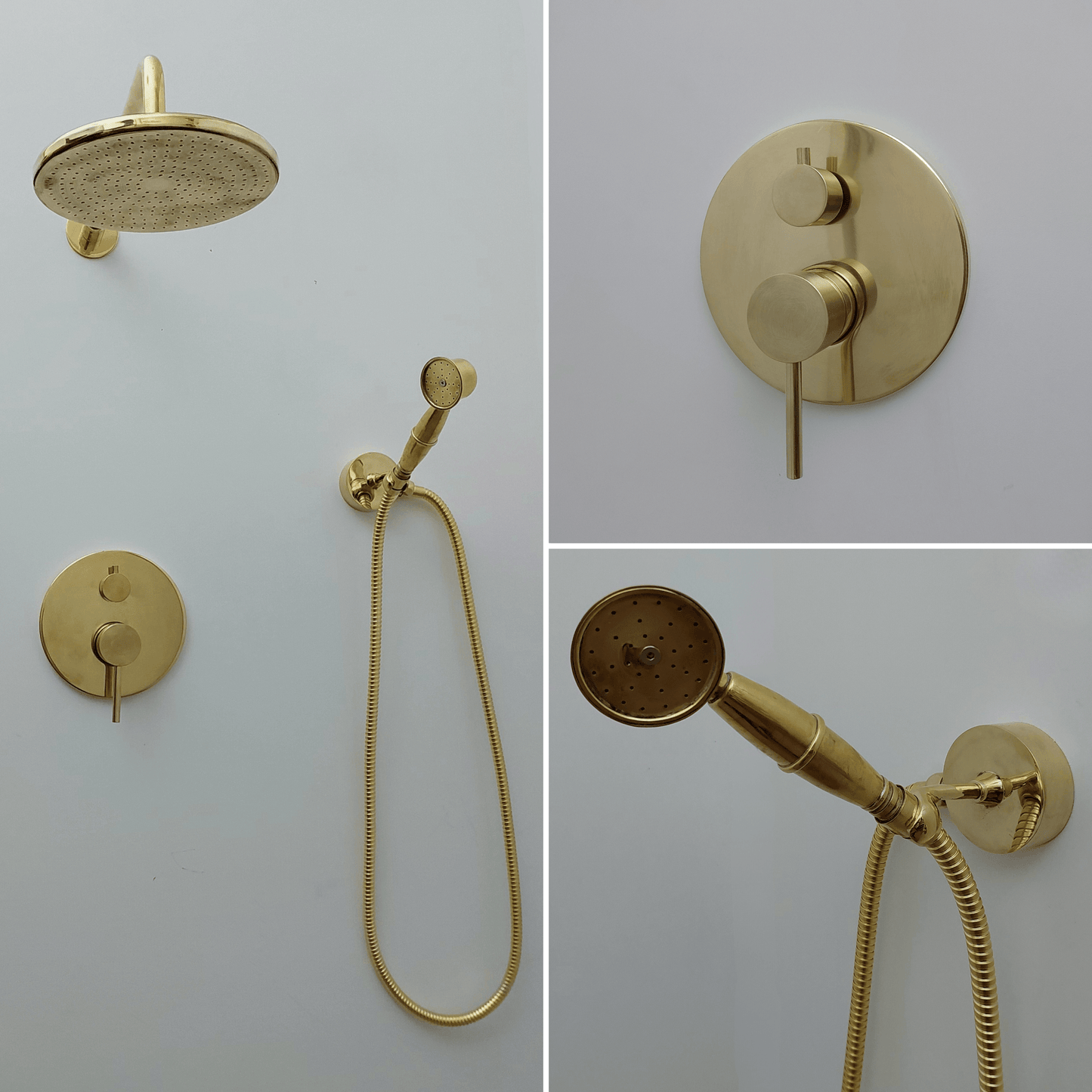 Unlacquered Brass Shower System with Handheld Shower Head and Round Rain Shower Head - Ref: ATLASS49