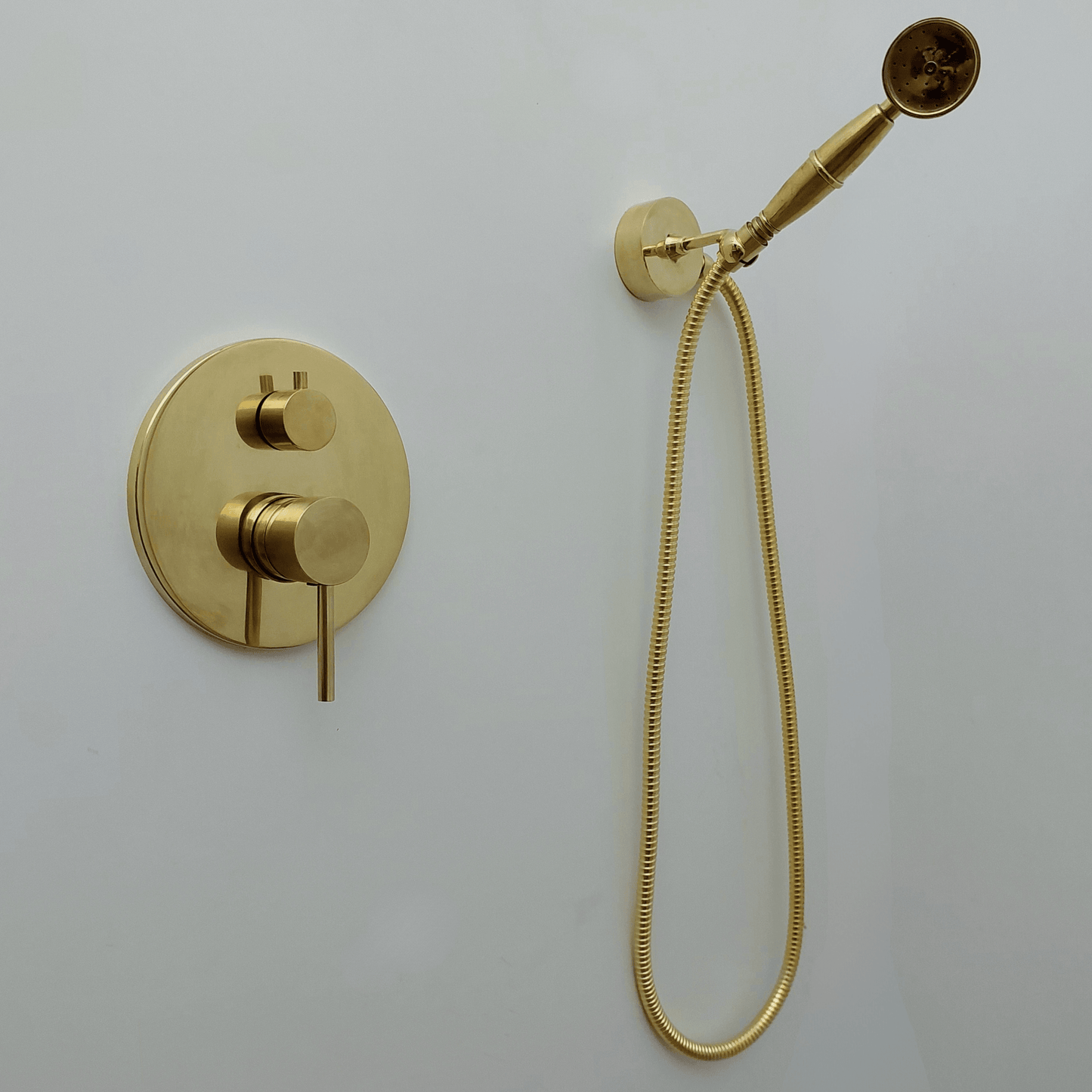 Unlacquered Brass Shower System with Handheld Shower Head and Round Rain Shower Head - Ref: ATLASS49