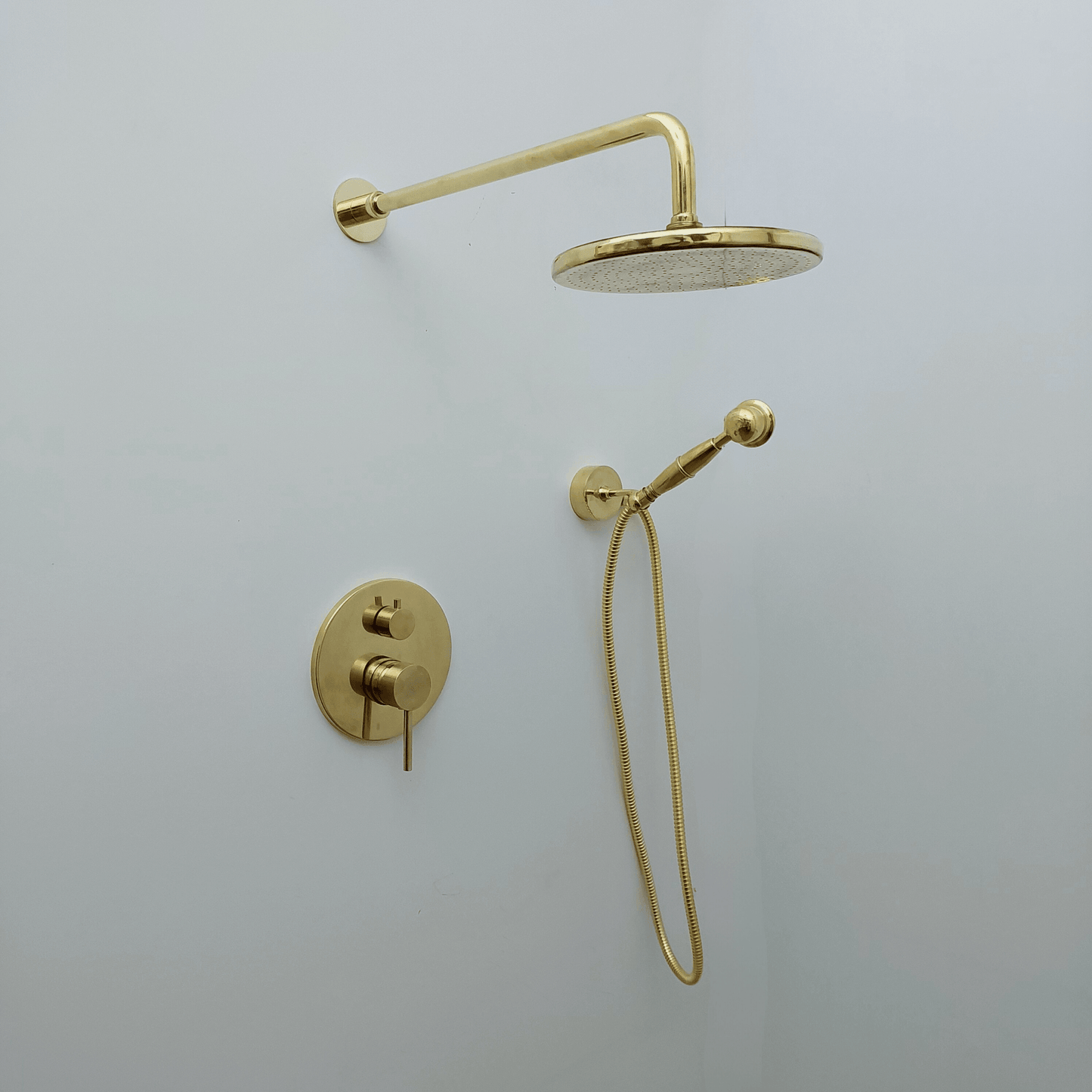 Unlacquered Brass Shower System with Handheld Shower Head and Round Rain Shower Head - Ref: ATLASS49