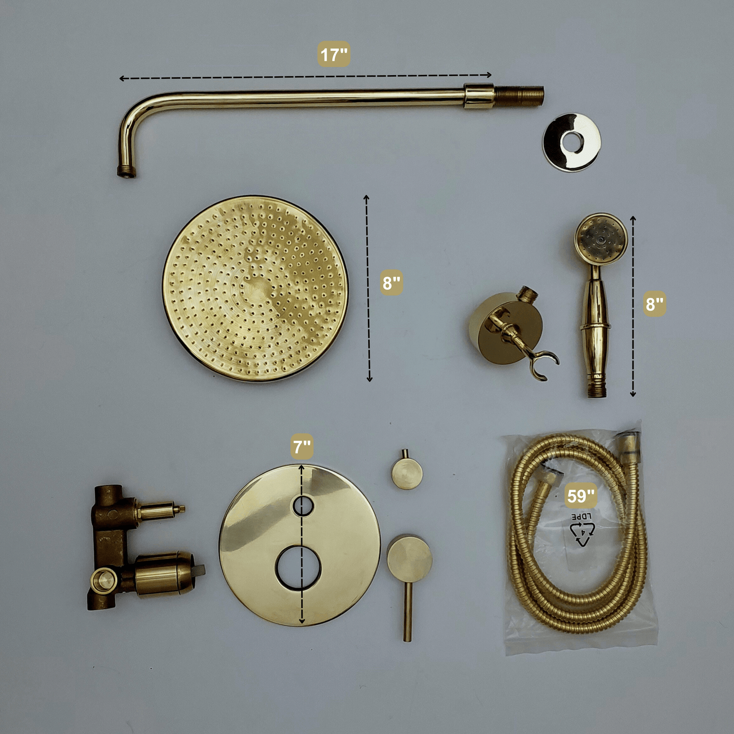 Unlacquered Brass Shower System with Handheld Shower Head and Round Rain Shower Head - Ref: ATLASS49