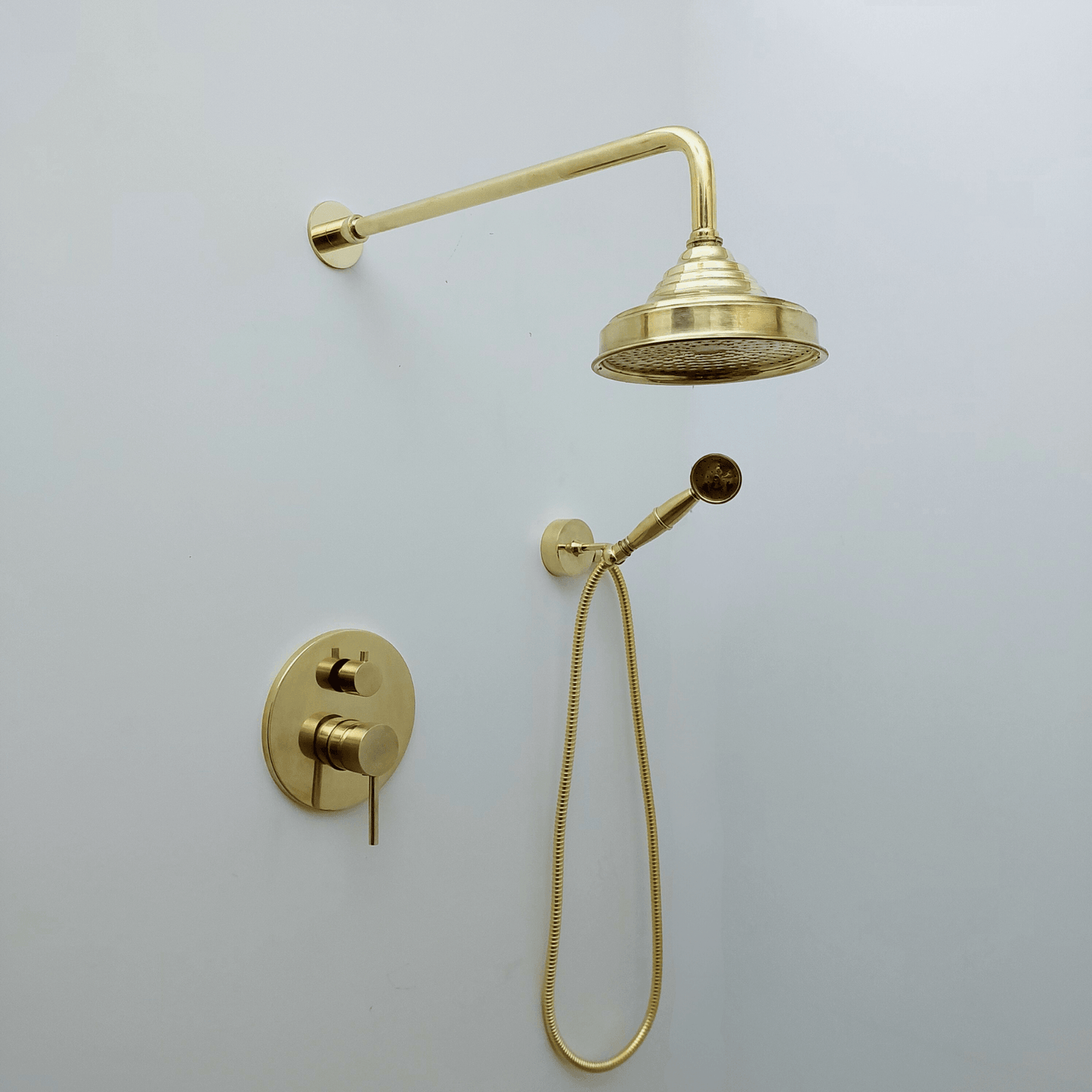 Unlacquered Brass Shower System with Handheld Shower Head and Round Rain Shower Head - Ref: ATLASS50