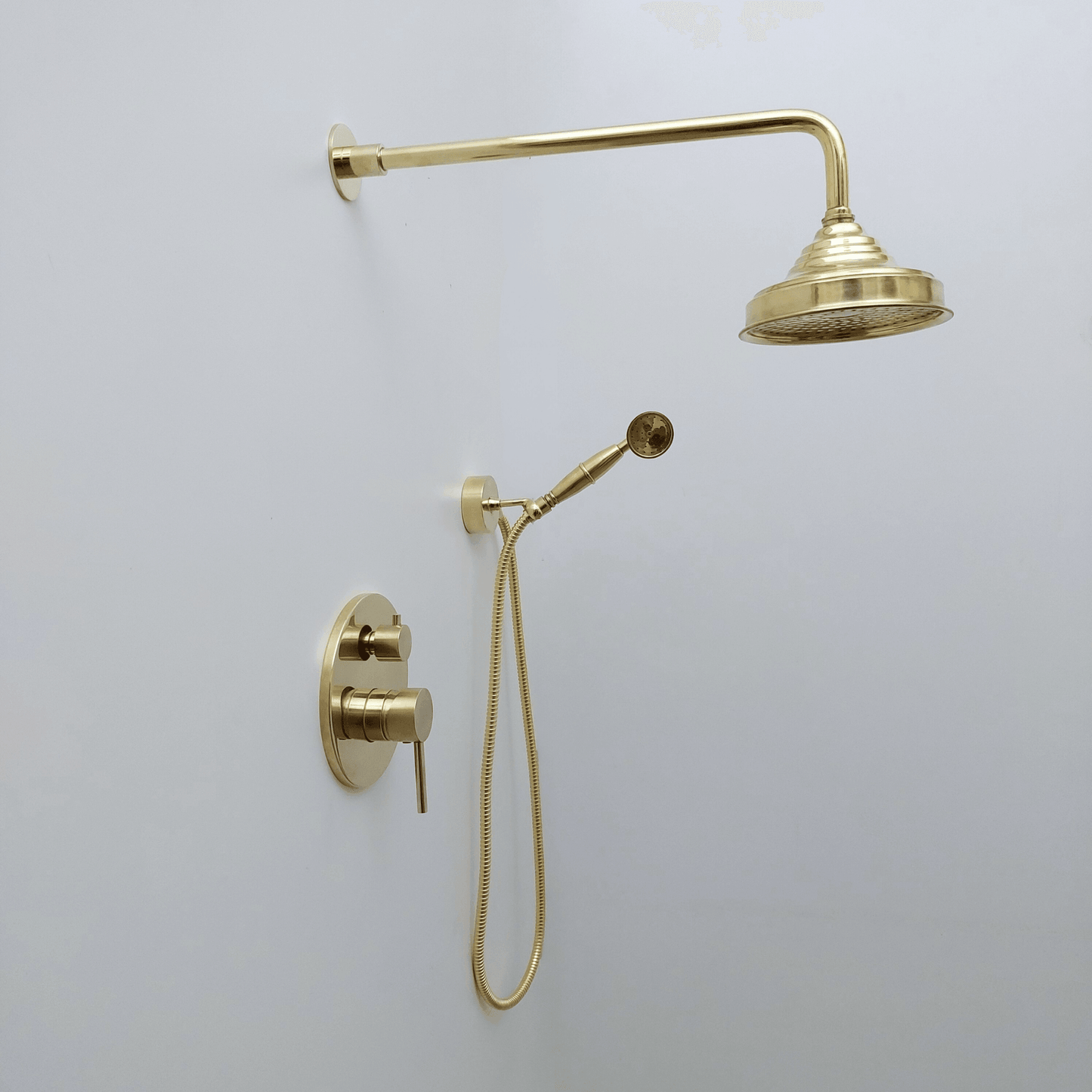Unlacquered Brass Shower System with Handheld Shower Head and Round Rain Shower Head - Ref: ATLASS50