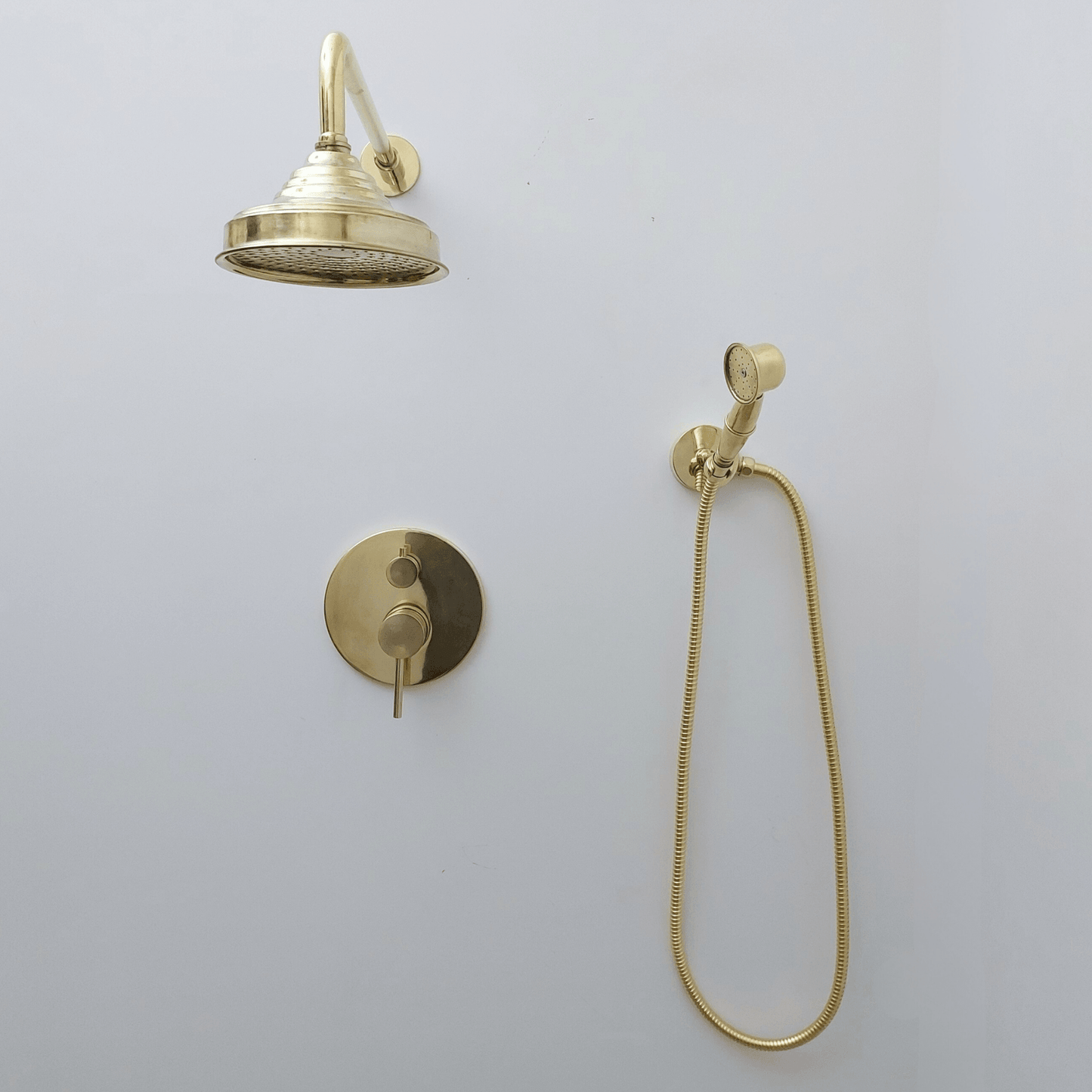 Unlacquered Brass Shower System with Handheld Shower Head and Round Rain Shower Head - Ref: ATLASS50
