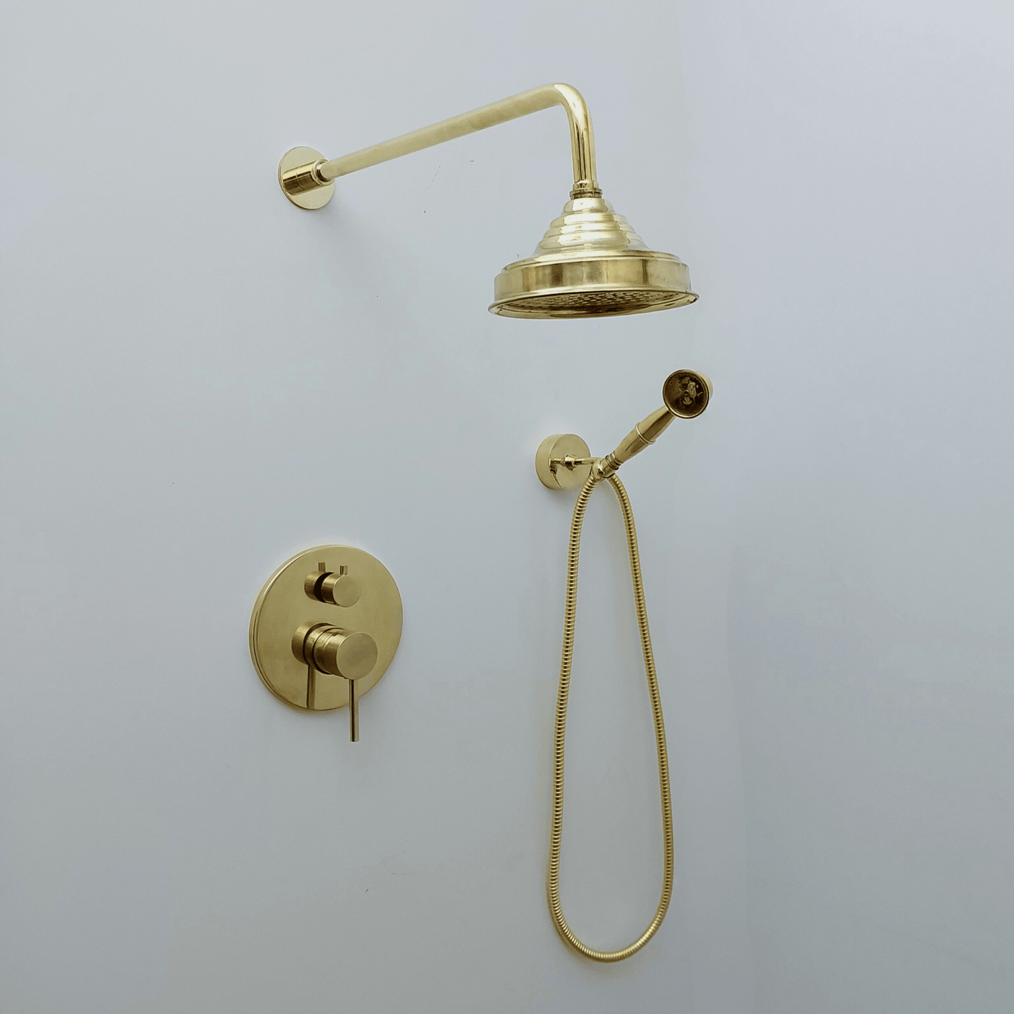 Unlacquered Brass Shower System with Handheld Shower Head and Round Rain Shower Head - Ref: ATLASS50