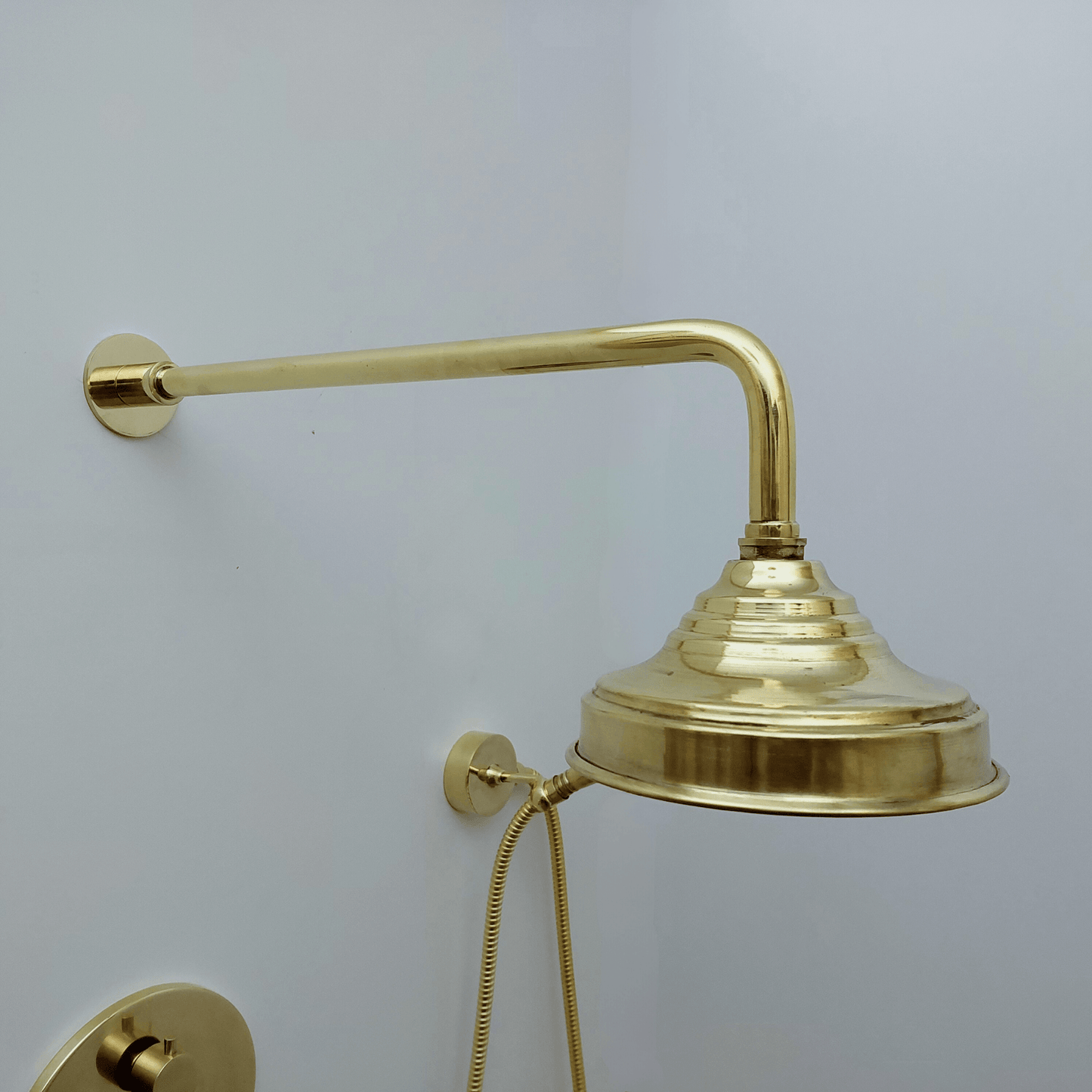 Unlacquered Brass Shower System with Handheld Shower Head and Round Rain Shower Head - Ref: ATLASS50