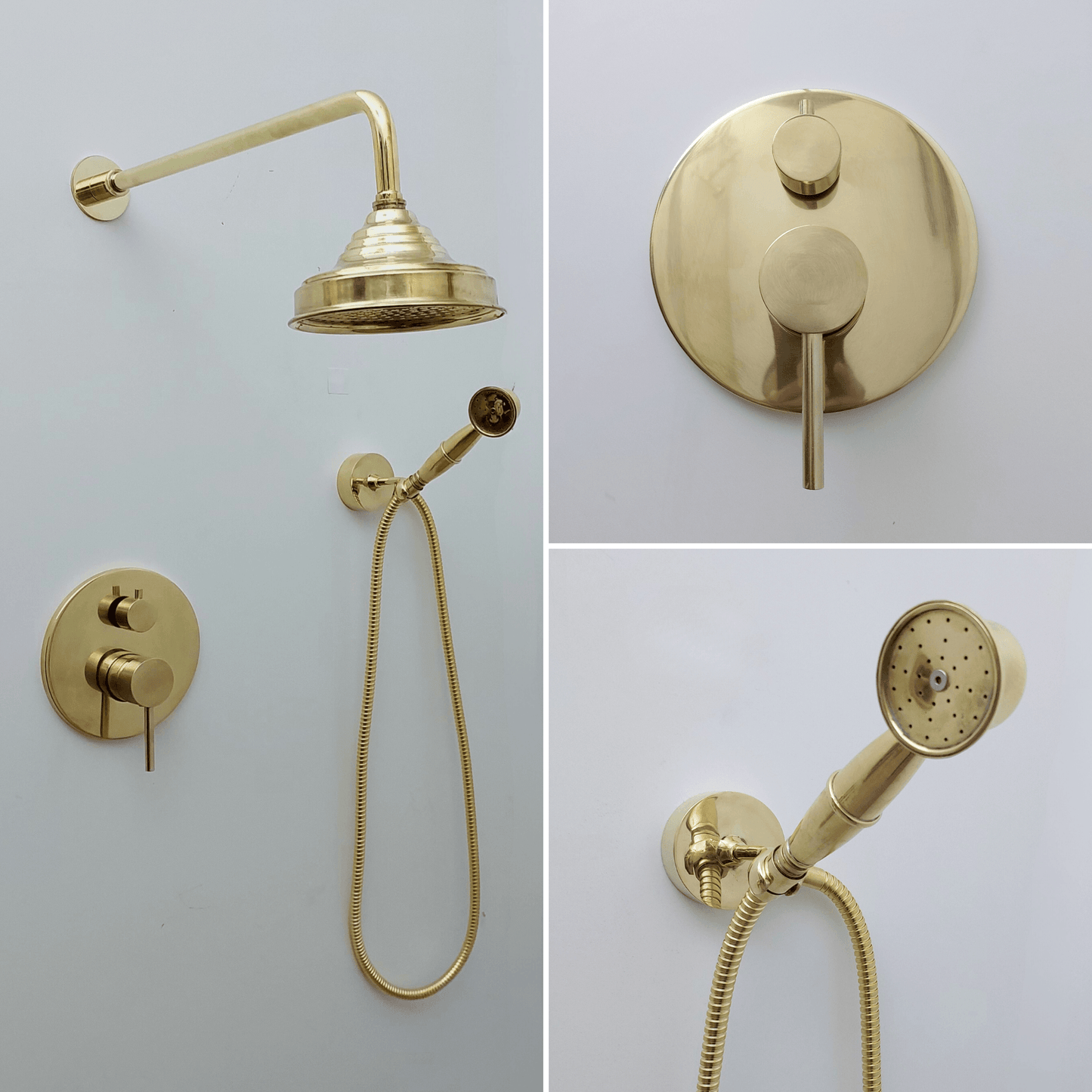 Unlacquered Brass Shower System with Handheld Shower Head and Round Rain Shower Head - Ref: ATLASS50
