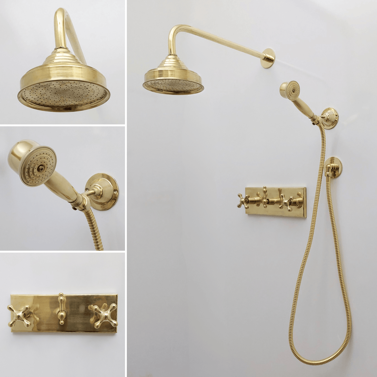 Unlacquered Brass Shower System with Round Rain Shower Head, Central Brass Plaque and Cross Handles - Ref: SSPH2-UBC