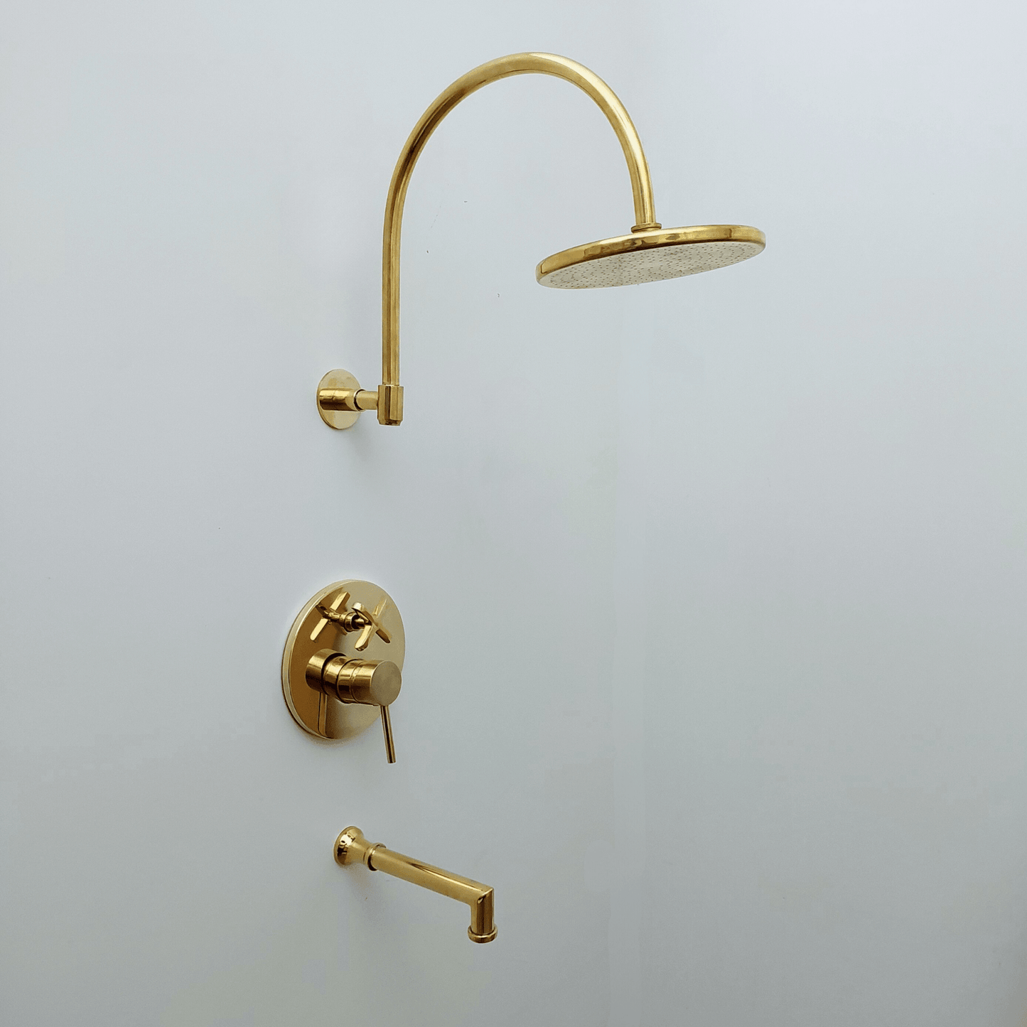 Unlacquered Brass Shower System with Tub Filler, Round Rain Shower Head, and Arcuate Arm - Ref: ATLASS53