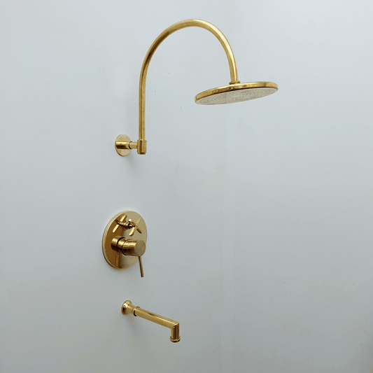 Unlacquered Brass Shower System with Tub Filler, Round Rain Shower Head, and Arcuate Arm - Ref: ATLASS53